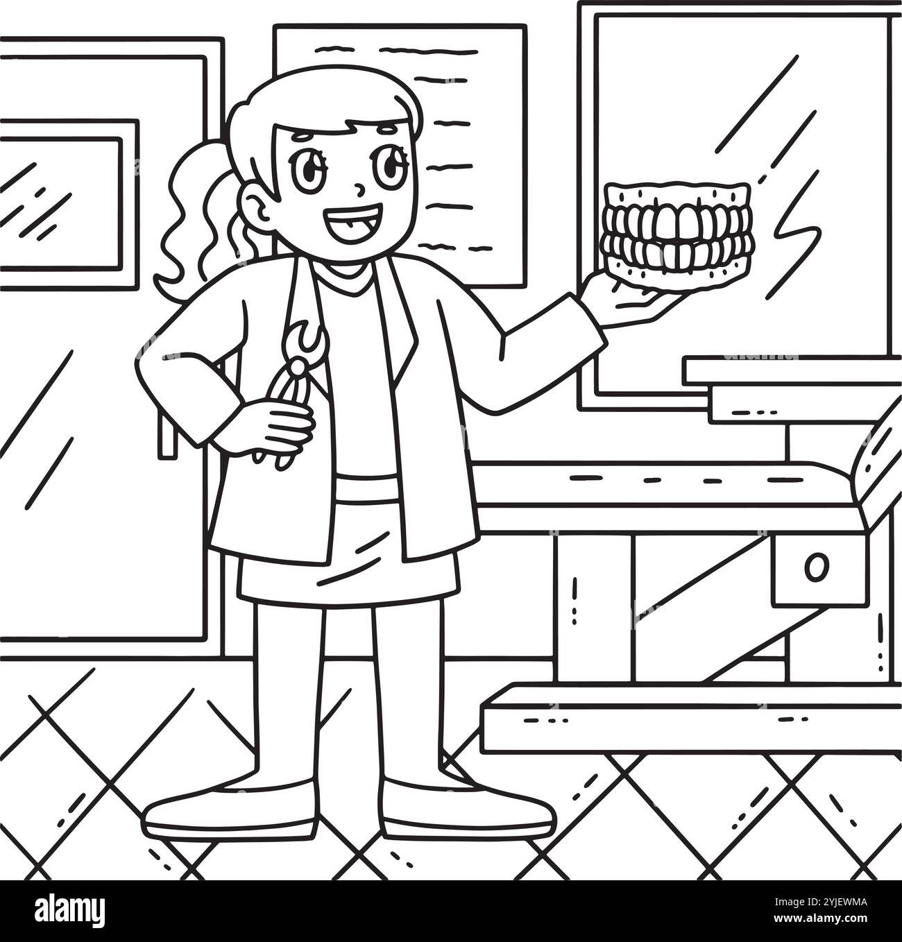 Dentista donna Doctor Holding dentires Coloring Illustrazione Vettoriale