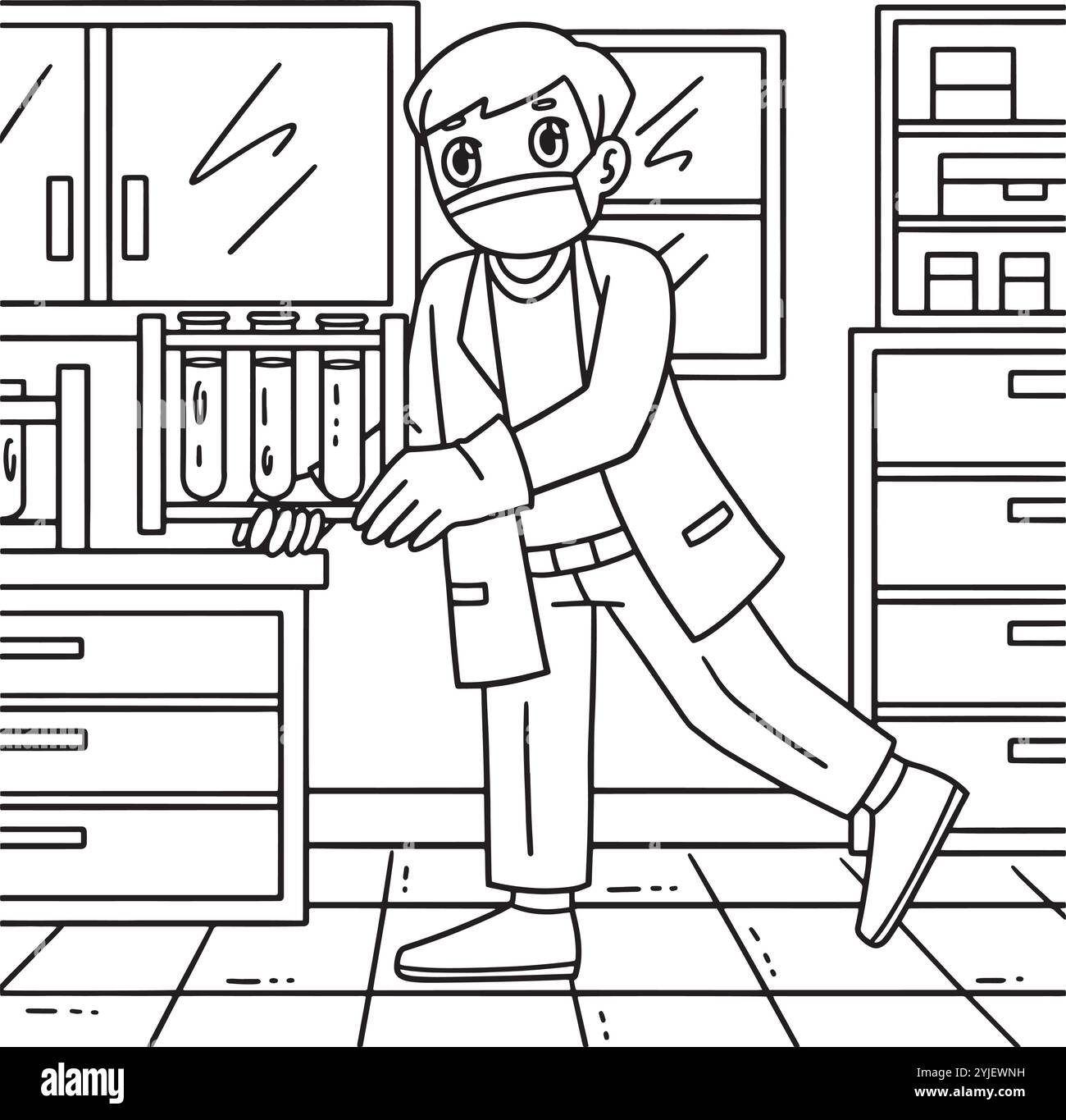 Medico con flaconcini di liquidi pagina da colorare per bambini Illustrazione Vettoriale