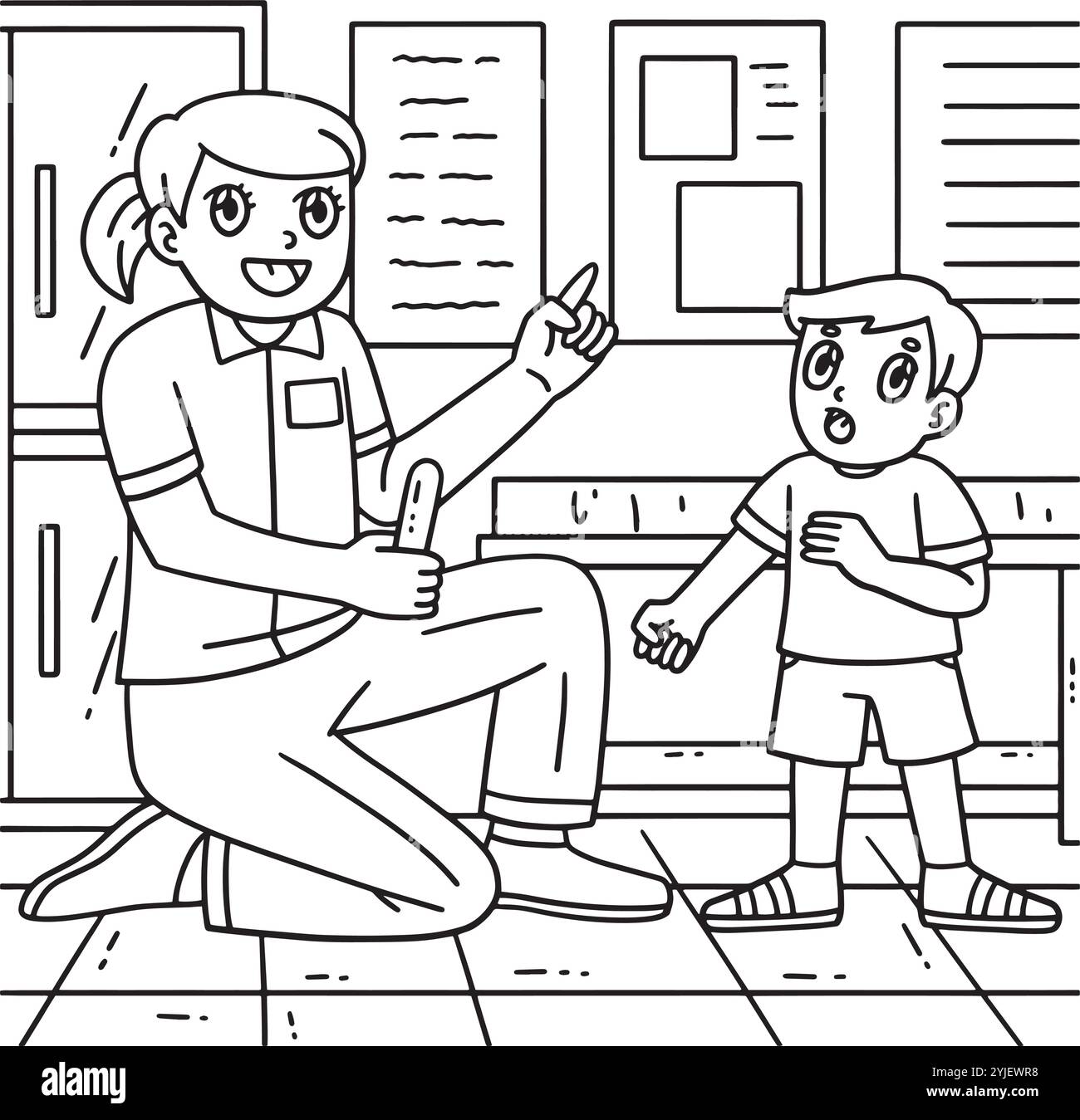 Donna Dottore con bambino colorare pagina per bambini Illustrazione Vettoriale