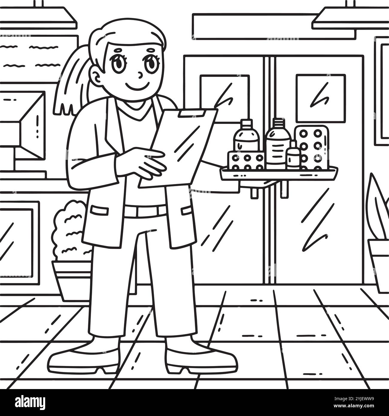 Dottoressa donna con bottiglie di Medicina colorare Illustrazione Vettoriale