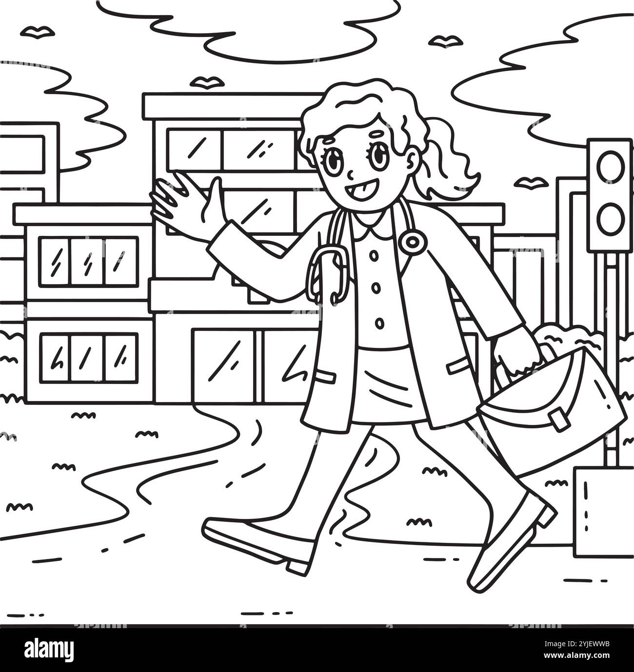 Dottoressa donna che va al lavoro Coloring Page Illustrazione Vettoriale