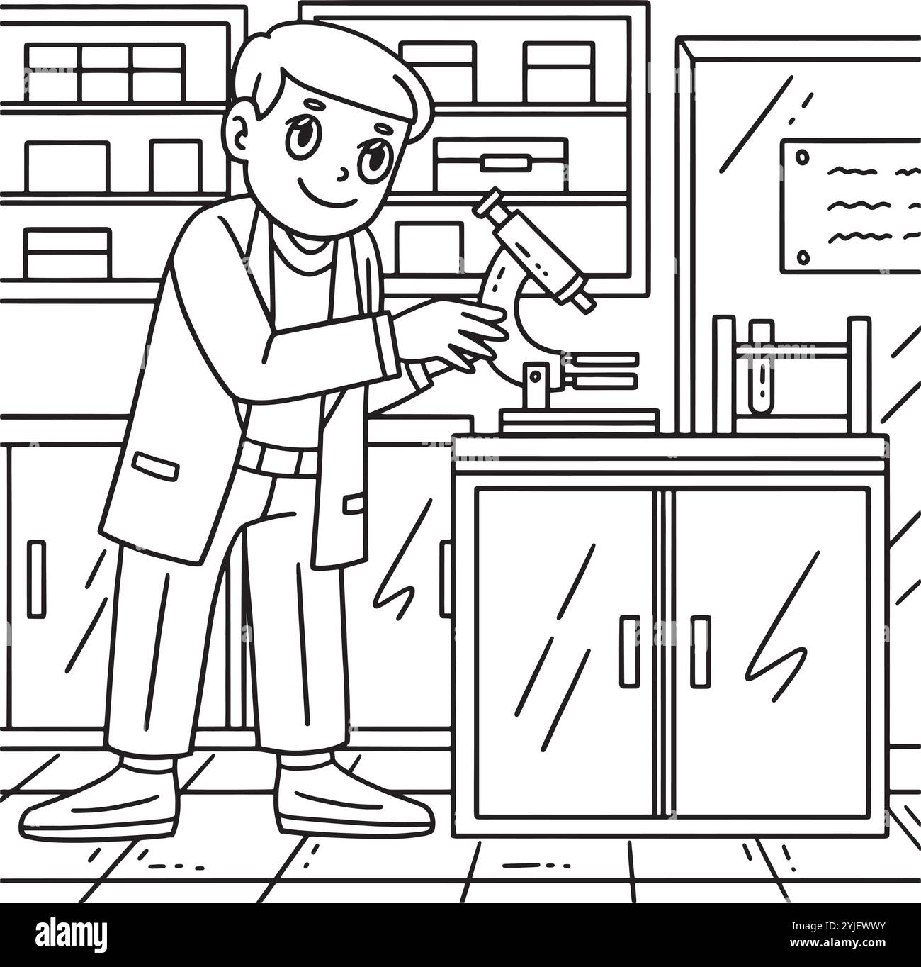 Pagina da colorare per bambini per medici e microscopi Illustrazione Vettoriale