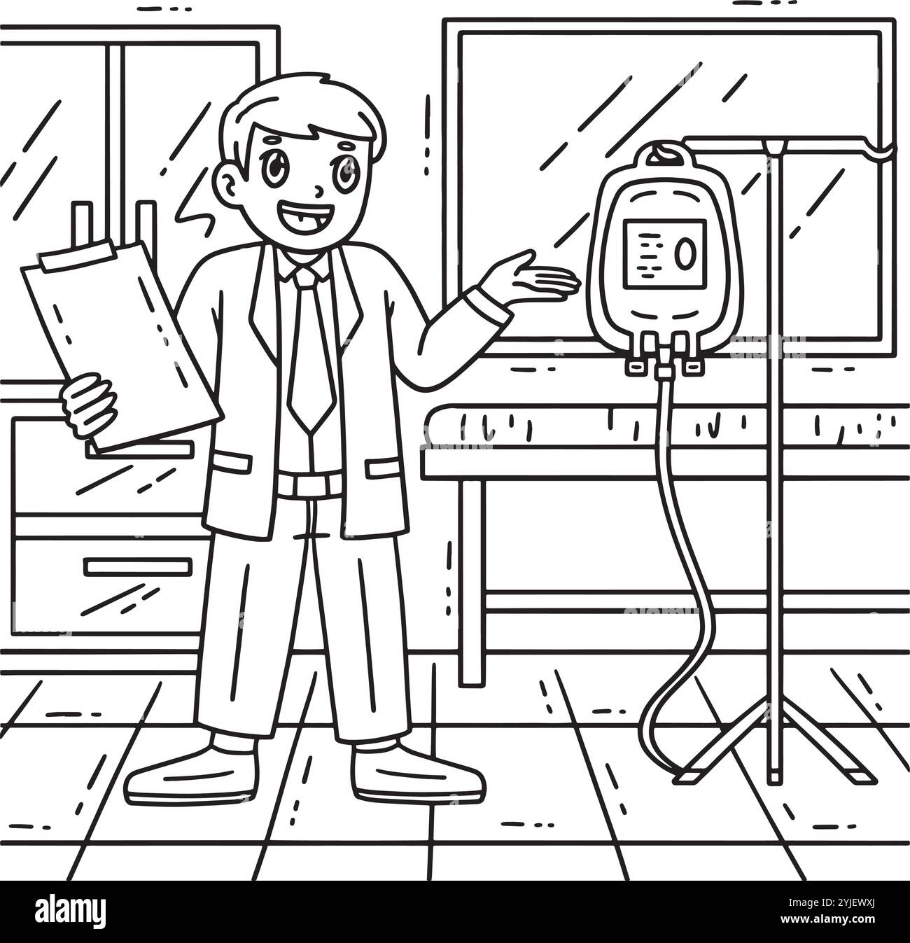 Medico con donazione di sangue pagina da colorare per bambini Illustrazione Vettoriale