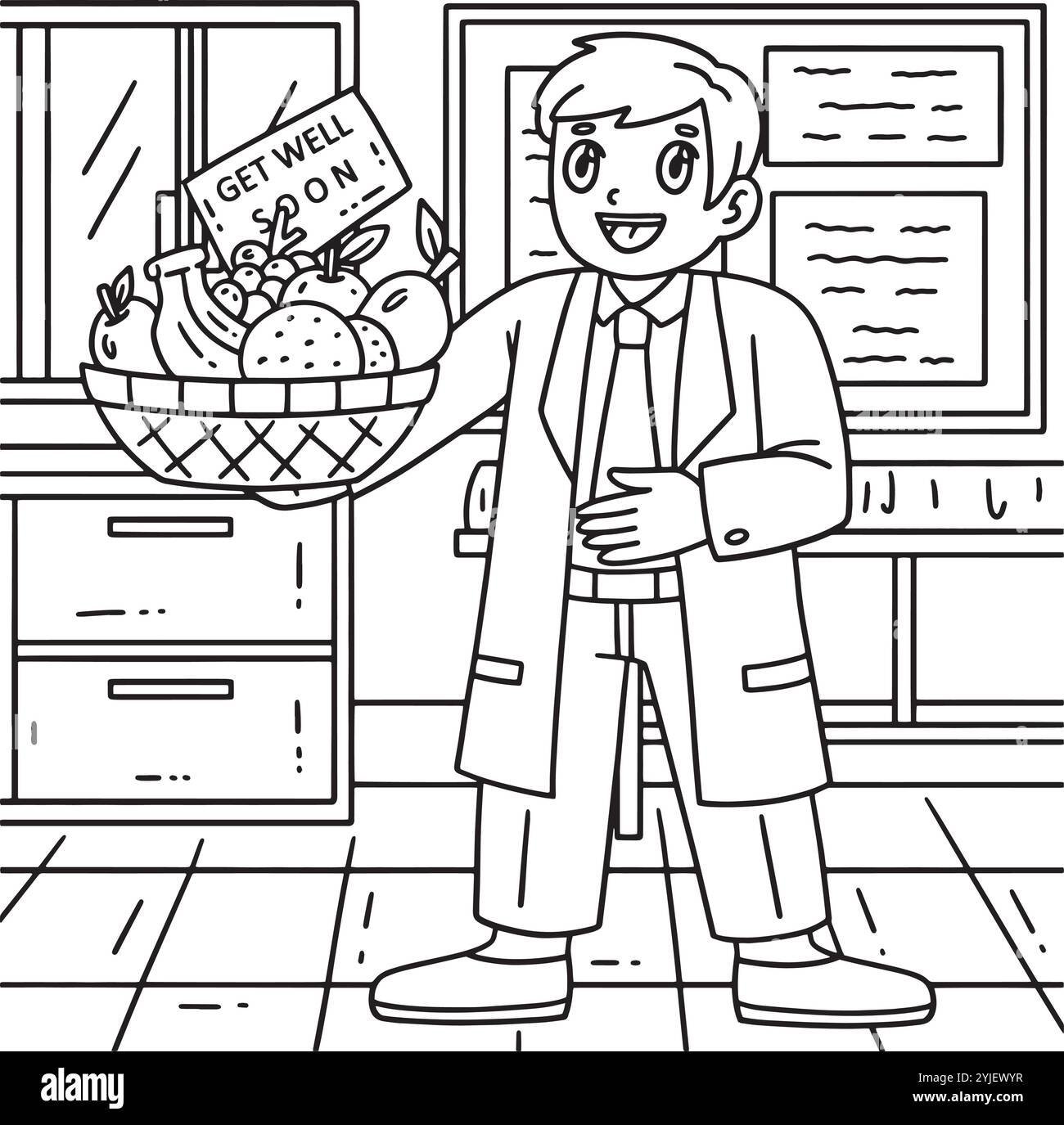Medico con cestino di frutta da colorare pagina Illustrazione Vettoriale