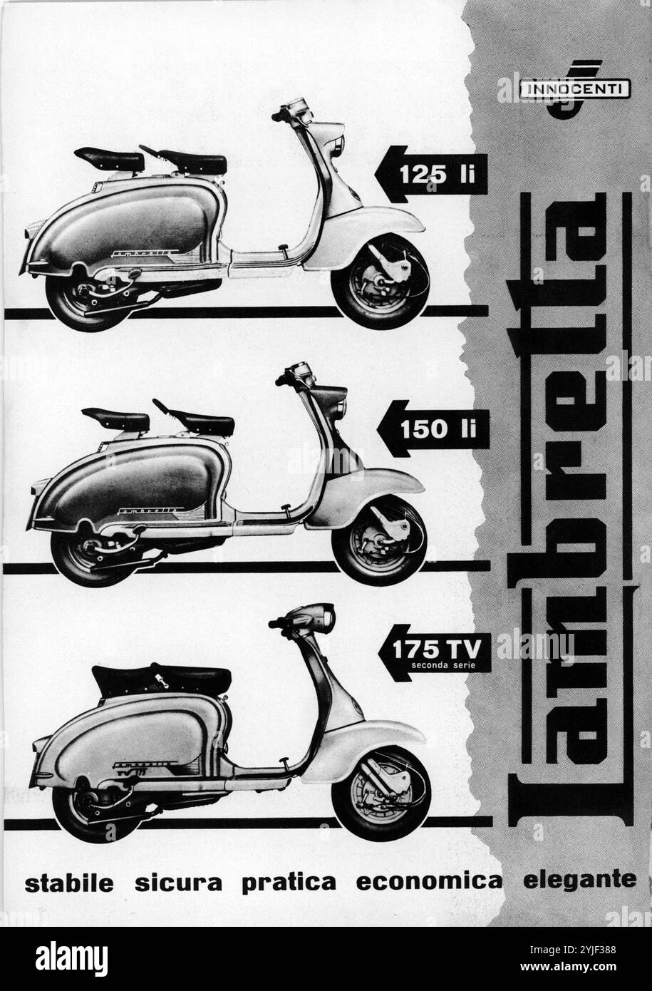 1959 , Milano , ITALIA : il celebre scooter italiano LAMBRETTA 125 II , 150 II e 175 TV seconda serie , di INNOCENTI Industry , pubblicità . Nel 1972, il governo indiano acquistò i macchinari della fabbrica milanese, creando la Scooters India Limited (SIL) per produrre il Lambro a tre ruote con il nome di Vikram per il mercato interno. Gli scooter Lambretta sono stati fabbricati su licenza anche da Fenwick in Francia, NSU in Germania, Serveta in Spagna, API in India, Yulon a Taiwan, Pasco in Brasile, Auteco in Colombia e Siambretta in Argentina. Illustratore sconosciuto .- INDUSTRIA - i Foto Stock