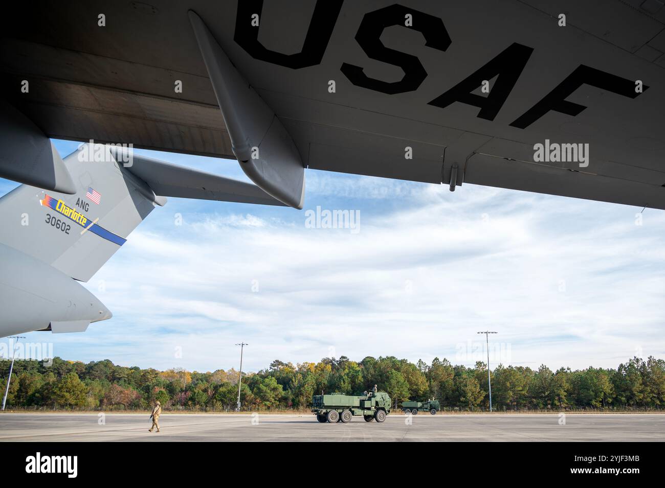 Un M142 High Mobility Artillery Rocket System (HIMARS) dopo essere stato scaricato da un C-17 Globemaster III durante un'ispezione di preparazione al combattimento (CRI) presso l'aeroporto Pope Army di Fort Liberty, N.C., 3 novembre 2024. Il CRI mette alla prova le capacità e le capacità dei membri della NCANG durante uno scenario di combattimento su larga scala, con particolare attenzione alle comunicazioni in un ambiente conteso, al mantenimento del combustibile nelle zone di impegno e al supporto logistico medico. (Foto U.S. Air National Guard di staff Sgt. Reanna (foto U.S. Air National Guard di staff Sgt. Reanna Hartgrove) Foto Stock