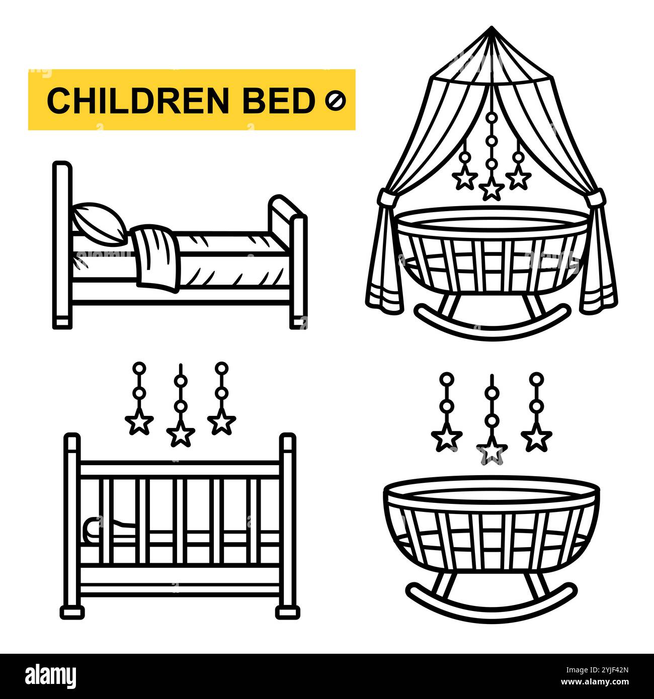 Lettino per bambini, culla per neonati, culla per il sonno, arredi interni per la camera dei bambini. Divano singolo con cuscino e coperta. Set icone biancheria da letto Illustrazione Vettoriale