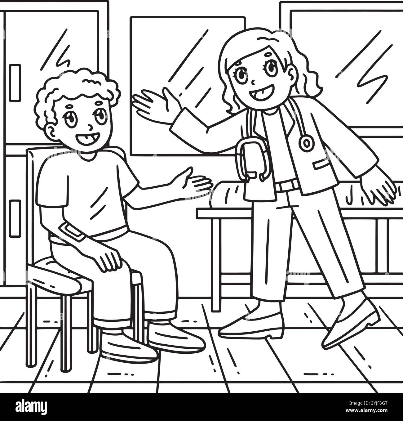 Medico donna che parla con una pagina di colore paziente Illustrazione Vettoriale