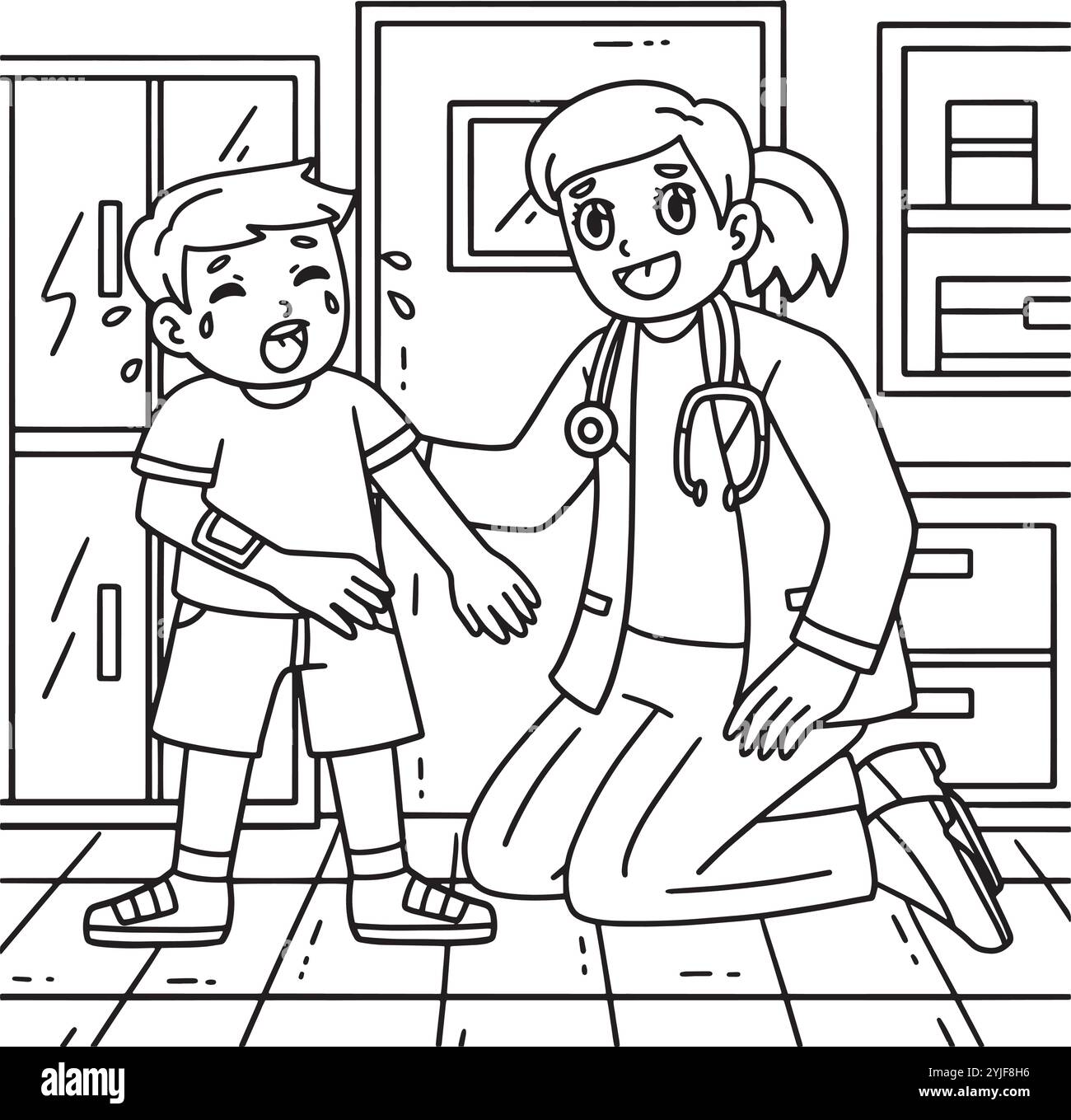 Donna Dottore conforto a bambino colorare pagina Illustrazione Vettoriale