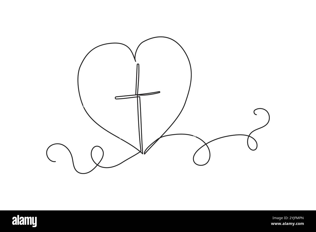 Cuore con croce. Simbolo di fede cristiana. Amore e spiritualità. Linea artistica minimalista. Illustrazione Vettoriale
