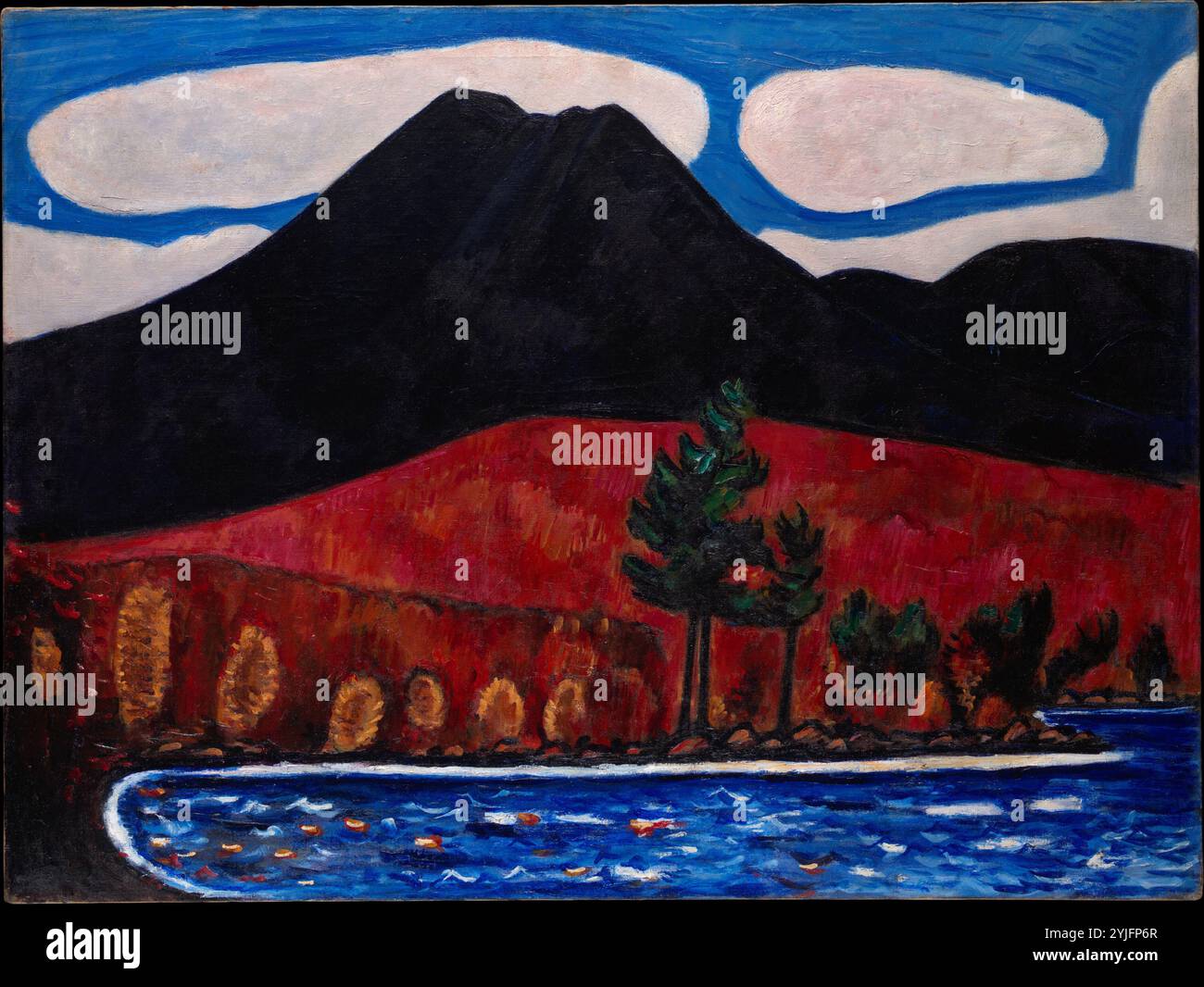 Monte Katahdin, autunno, n. 2. Artista: Marsden Hartley (americano, Lewiston, Maine 1877-1943 Ellsworth, Maine). Dimensioni: 30 1/4 x 40 1/4 poll. (76,8 x 102,2 cm). Data: 1939-40. A partire dalla metà degli anni '1930, Hartley, un artista irrequieto che in precedenza era stato associato all'avanguardia europea, si proclamò "Pittore del Maine". Tra il 1939 e il 1942, creò più di diciotto dipinti audaci della vetta più alta del Maine, il Monte Katahdin, un punto di riferimento geologico che, come capolinea più settentrionale del Sentiero degli Appalachi, risuonava con il simbolismo regionale e nazionale. Hartle Foto Stock