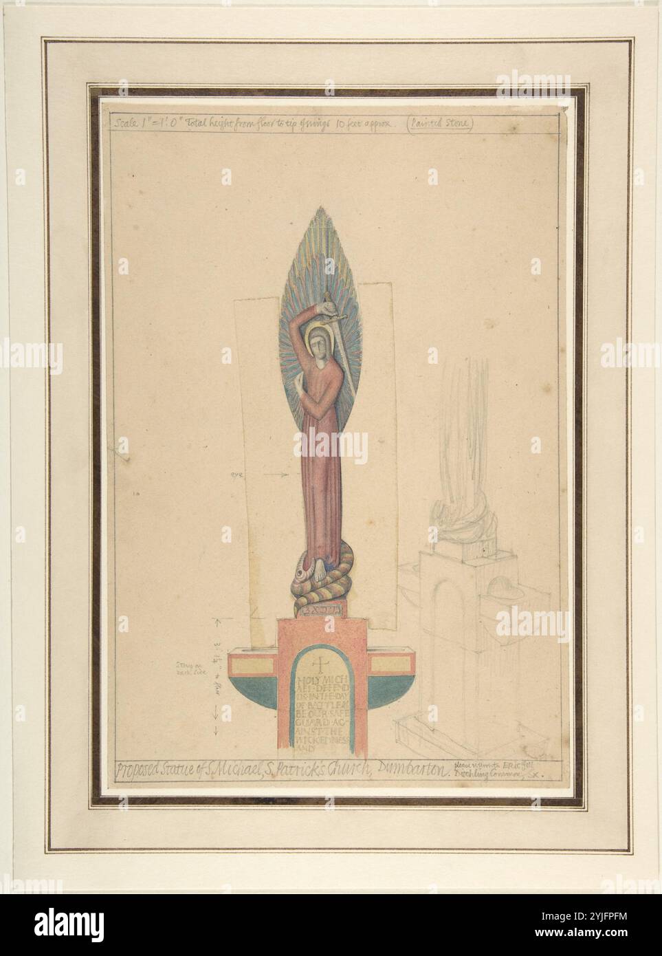 Proposta di statua di San Michele per la chiesa di San Patrizio, Dumbarton. Artista: Eric Gill (britannico, Brighton, Sussex 1882-1940 Uxbridge, Londra). Dimensioni: Foglio: 3/8 x 7 poll. (26,3 x 17,8 cm) attacco: 5/16 x 3/4 pollici (33,8 x 24,8 cm). Data: CA. 1917. Museo: Metropolitan Museum of Art, New York, USA. Foto Stock