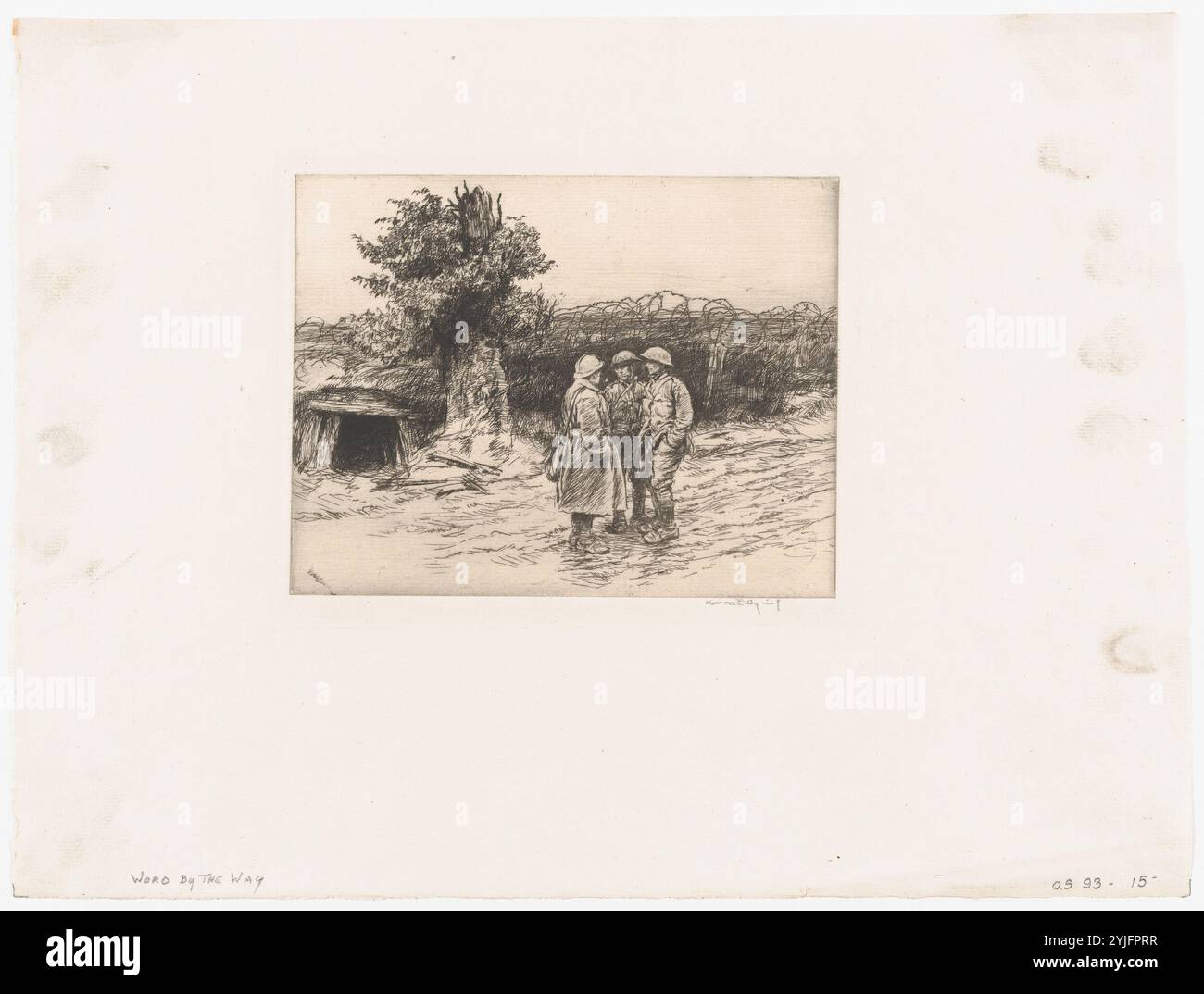 A proposito. Artista: Kerr Eby (americano, Tokyo, Giappone 1889-1946 Norwalk, Connecticut). Dimensioni: Piastra: 3/8 x 15/16 poll. (13,6 x 17,7 cm) Foglio: 5/16 x 15/16 pollici (28,7 x 37,9 cm). Data: 1919. In questa stampa, Eby ritrae i soldati in una situazione non di combattimento, conversando all'esterno di un dugout, un groviglio di filo spinato visibile dietro di loro. Come sergente dell'esercito americano durante la guerra, l'artista fu in grado di osservare la vita quotidiana dei soldati, sia in combattimento che a riposo. Ha fatto schizzi costantemente, catturando i preparativi per le principali offensive e momenti quotidiani come questo. Lui più tardi tr Foto Stock