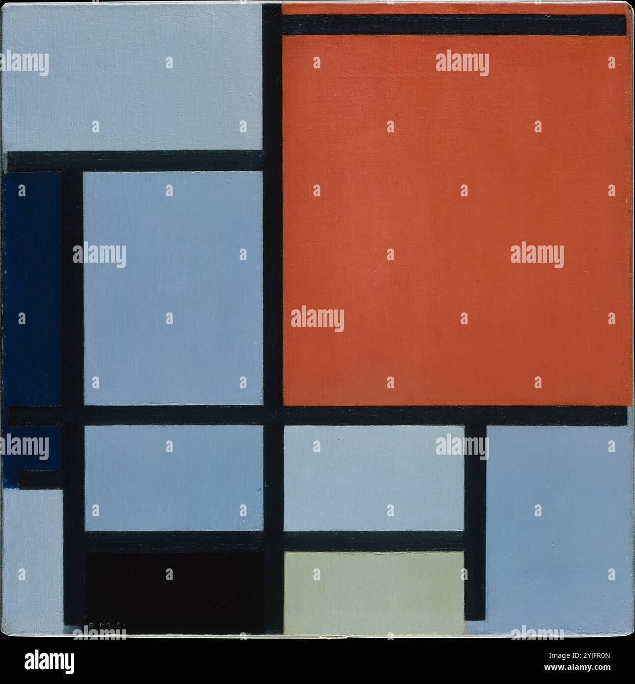 Composizione. Artista: Piet Mondrian (olandese, Amersfoort 1872-1944 New York). Dimensioni: 1/2 x 1/2 poll. (49,5 x 49,5 cm). Data: 1921. Questo è un primo esempio della modalità geometrica di pittura che Mondrian chiamò neo-plasticismo. La natura astratta bidimensionale di queste composizioni formò un nuovo linguaggio estetico universale che fu reso popolare attraverso la rivista De Stijl. Il movimento d'avanguardia conosciuto con lo stesso nome mantenne la promessa di costruire un mondo postbellico con un punto comune di riferimento visivo, un modo per abolire le gerarchie artistiche e persino sociali. Ecco, Mondrian usa Foto Stock