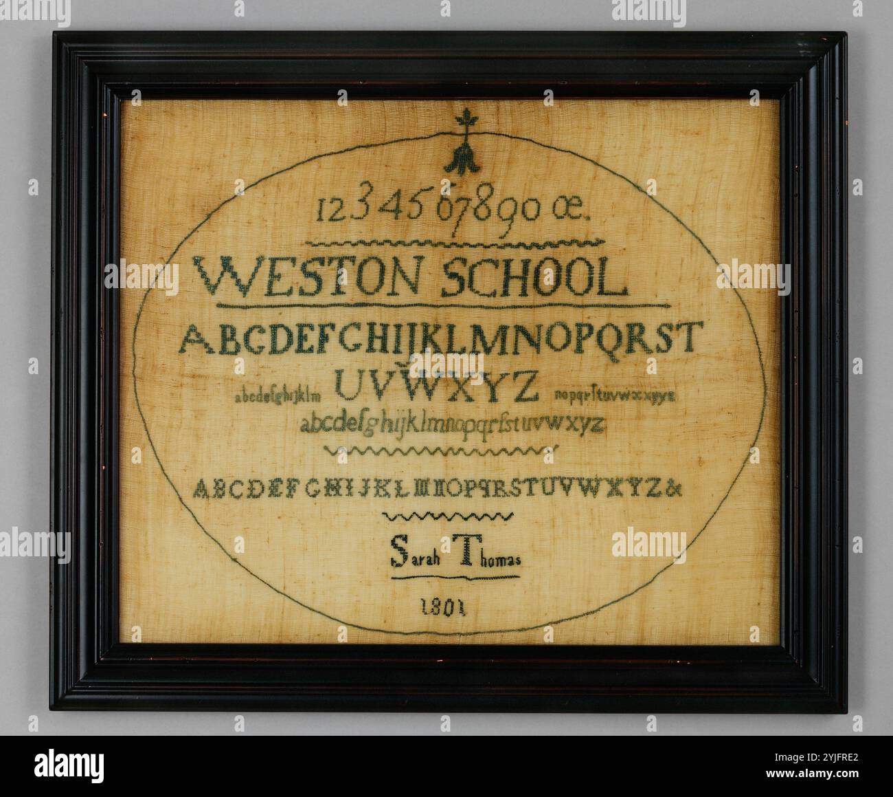 Campionatore realizzato alla Westtown Quaker School. Cultura: Americana. Dimensioni: 3/4 x 1/2 cm (37,5 x 31,8 cm). Creatore: Sarah Thomas (1786-1826). Data: 1801. Questo campionatore è uno dei due (vedi 2005.20) realizzati da Sarah Thomas (1786-1826) nella collezione del Museo. Sarah ha completato entrambi durante il periodo in cui ha frequentato la Westtown Quaker Boarding School nella contea di Chester in Pennsylvania dal dicembre 1800 al dicembre 1801. Entrambi i campionatori sono esempi di un tipo distintivo di ricamo realizzato solo nelle scuole quacchere. L'enfasi quacchera sul cucito semplice, ma attento e preciso, ha permesso agli studenti di Foto Stock