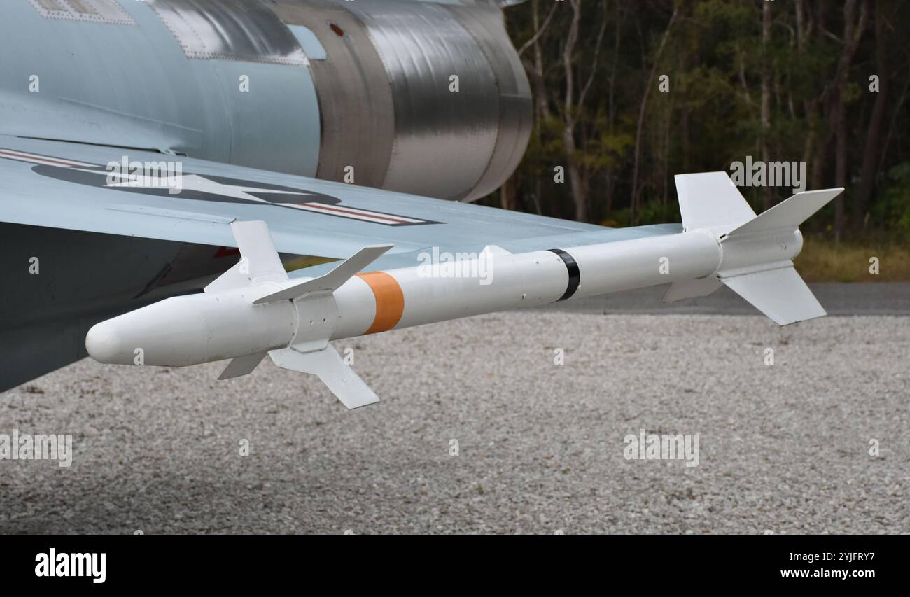 Un missile AIM-9 Sidewinder dell'Air Force su un caccia jet. Il Sidewinder è un missile aria-aria progettato per combattere i cani. Foto Stock