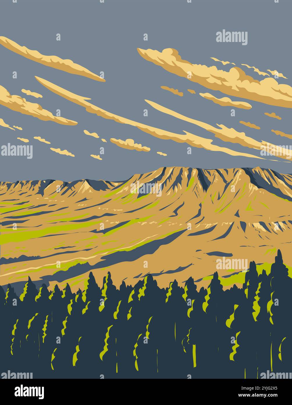 Poster art WPA di Mogollon Rim, una scarpata nel bordo sud-occidentale dell'altopiano del Colorado lungo la metà settentrionale dell'Arizona realizzata in opere projec Illustrazione Vettoriale