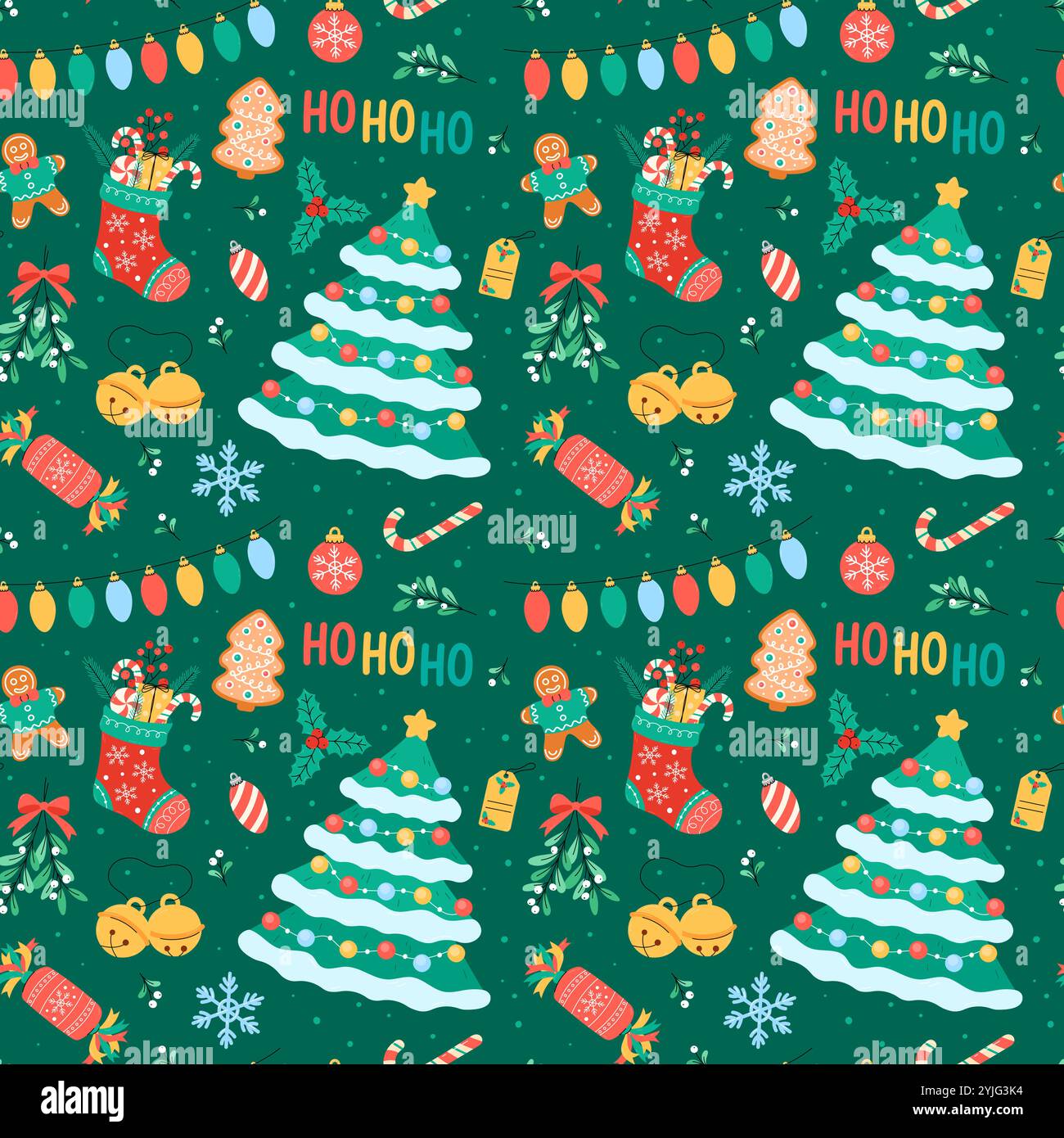 Illustrazione vettoriale con motivo senza cuciture natalizie. Simpatico sfondo natalizio colorato con semplici elementi natalizi, ornamenti, albero di Natale, decorazioni Illustrazione Vettoriale