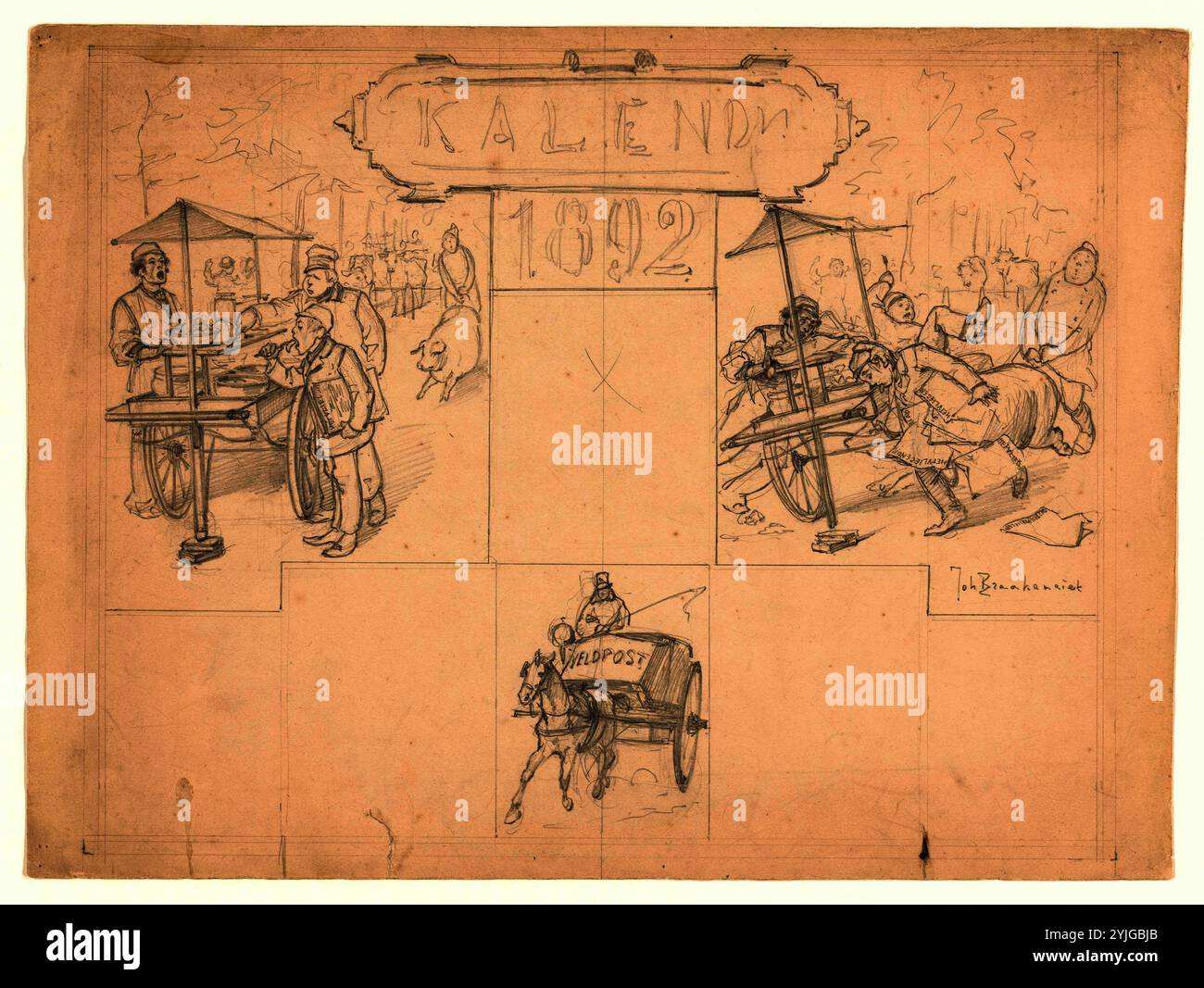 Design per un foglio di calendario per l'anno 1892. Relatore per parere: Johan Braakensiek. Dating: 1868 - 1940. Misurazioni: h 316 mm × W 426 mm. Museo: Rijksmuseum Amsterdam. Foto Stock