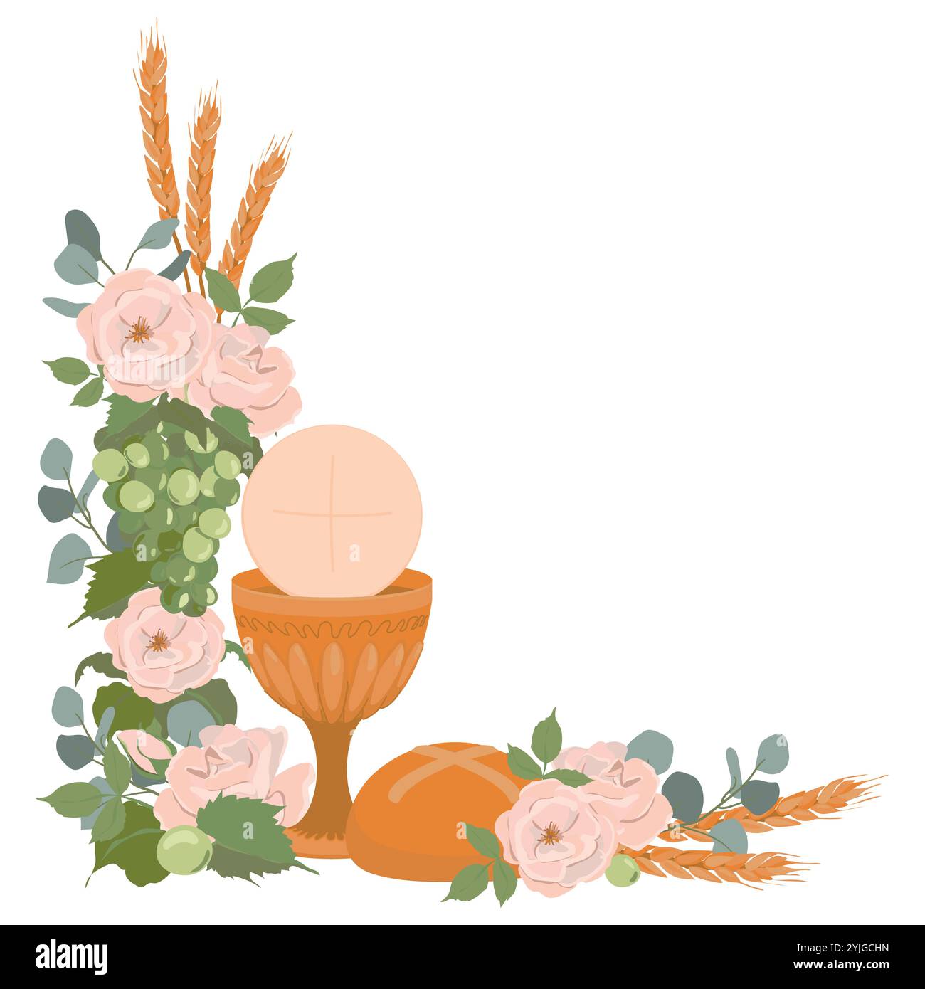 Prima comunione cattolica. Vettore. Ciotola dorata per vino, pane, vino, uva, rose bianche. Elementi per un design accattivante. Altare decorato festosamente. Illustrazione Vettoriale