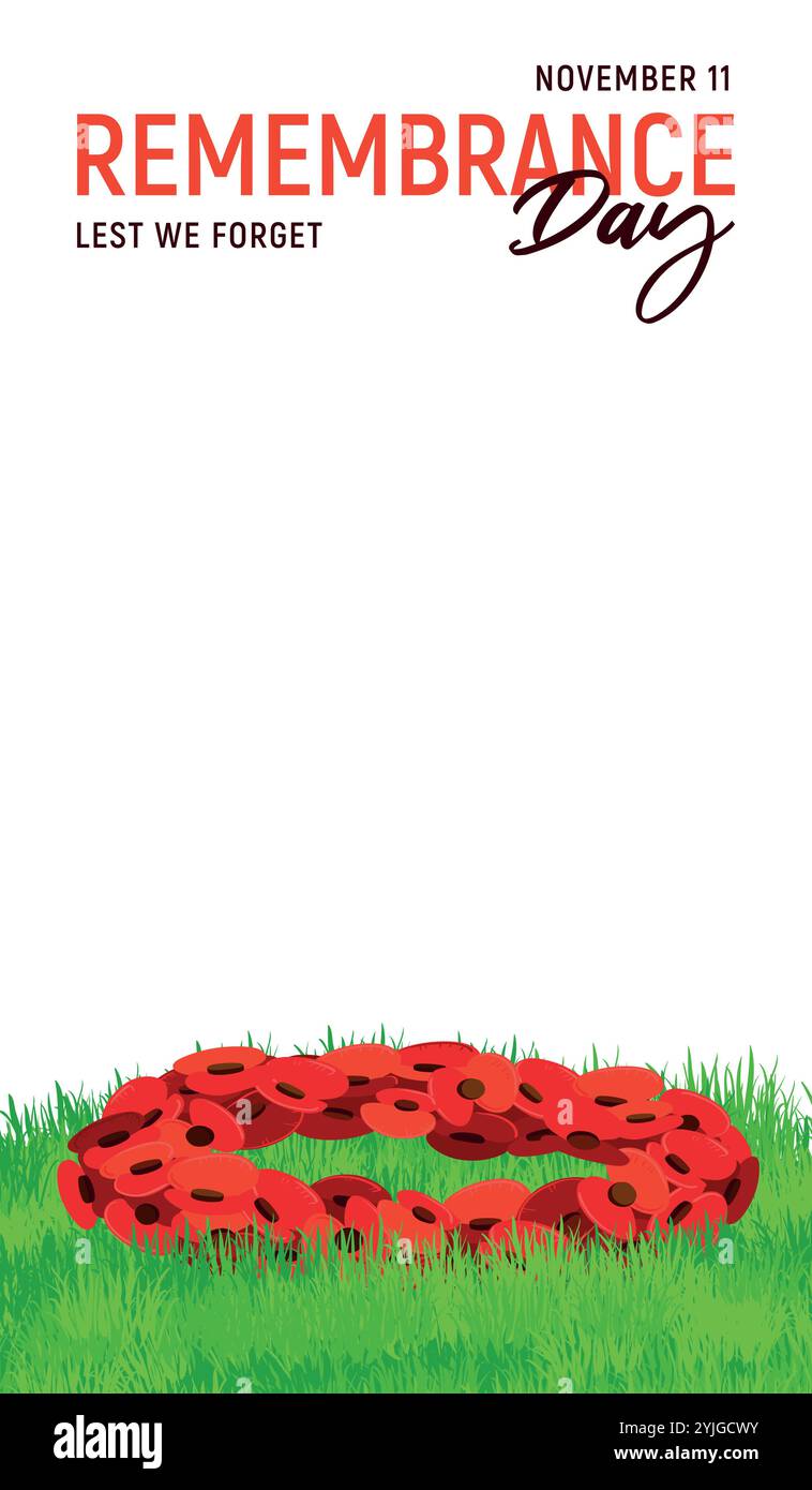 Banner verticale per Poppy Day 2025. Una ghirlanda di papaveri di carta rossa giace sul prato. Decorazione tradizionale per il giorno della memoria dell'11 novembre. Illustrazione vettoriale in stile piatto. Illustrazione Vettoriale