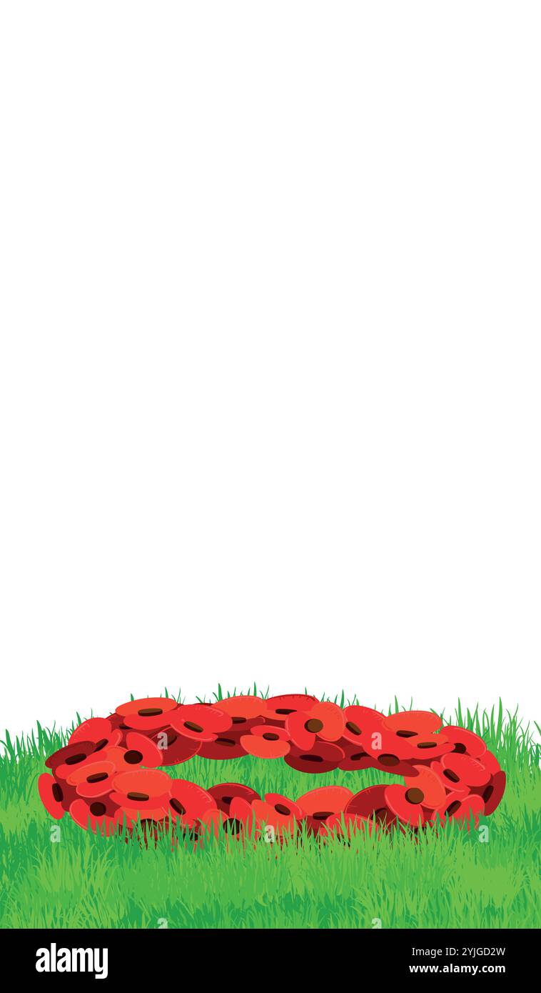 Tradizionale decorazione di fiori rossi per il Remembrance Day, noto anche come Poppy Day. La ghirlanda di papaveri di carta giace sull'erba verde. Simbolo di memoria e rispetto. Illustrazione vettoriale in stile piatto. Illustrazione Vettoriale
