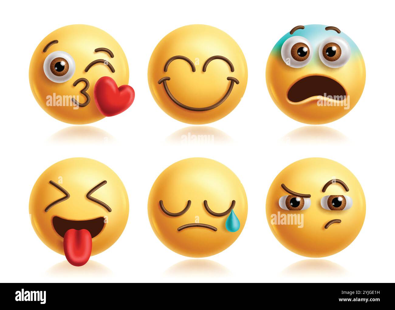 Set di caratteri vettoriali delle emoji Kiss. Personaggio clip art emoji con bacio labiale, sorridente, shock, cattivo, pianto e sopracciglia Illustrazione Vettoriale