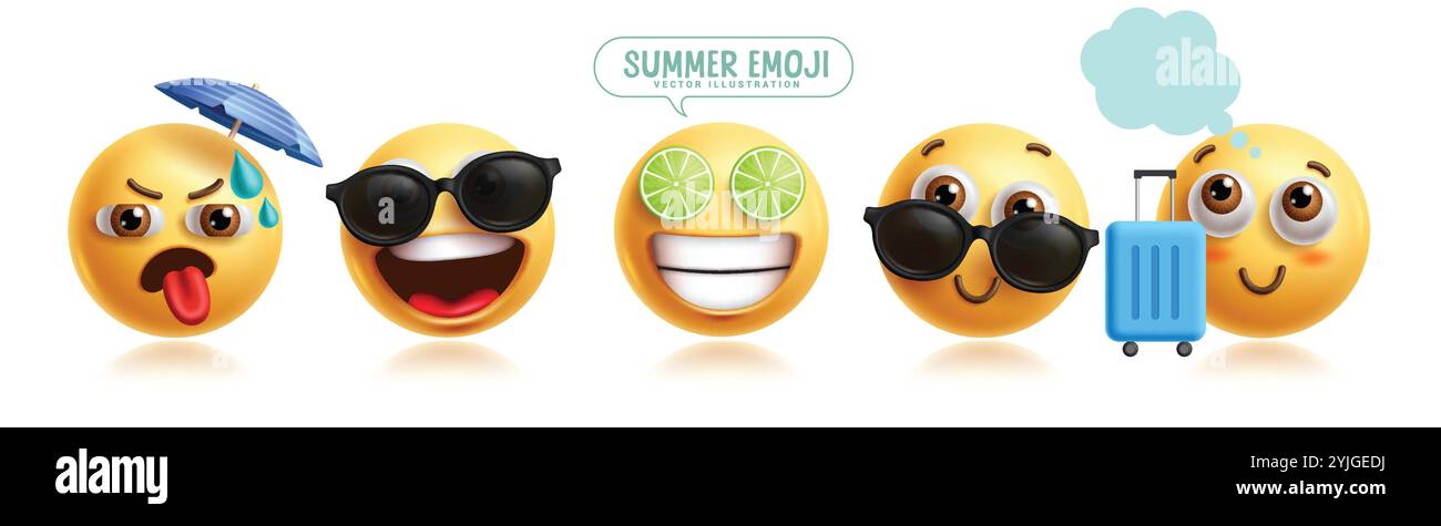 Set vettoriale di caratteri estivi emoji. Personaggio clip art emoji estivo con ombrello, occhiali da sole, lime, valigie, happy, sorridi e goditi la grafica 3d. Illustrazione Vettoriale