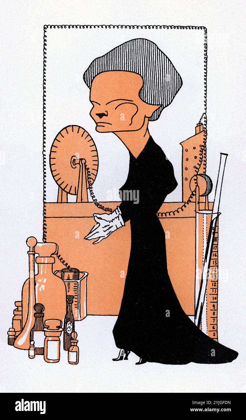 Caricatura de Marie Curie, conocida también como Maria Sklodowska-Curie (1867–1934) fue una Química y física polaca, posteriormente nacionalizada francesa. Pionera en el campo de la radiactividad, fue la primera persona en recibir dos premios Nobel y la primera mujer en ser profesora en la Universidad de París. Año 1911. AUTORE: ROMÁN BONET SINTES 'BON'. Foto Stock