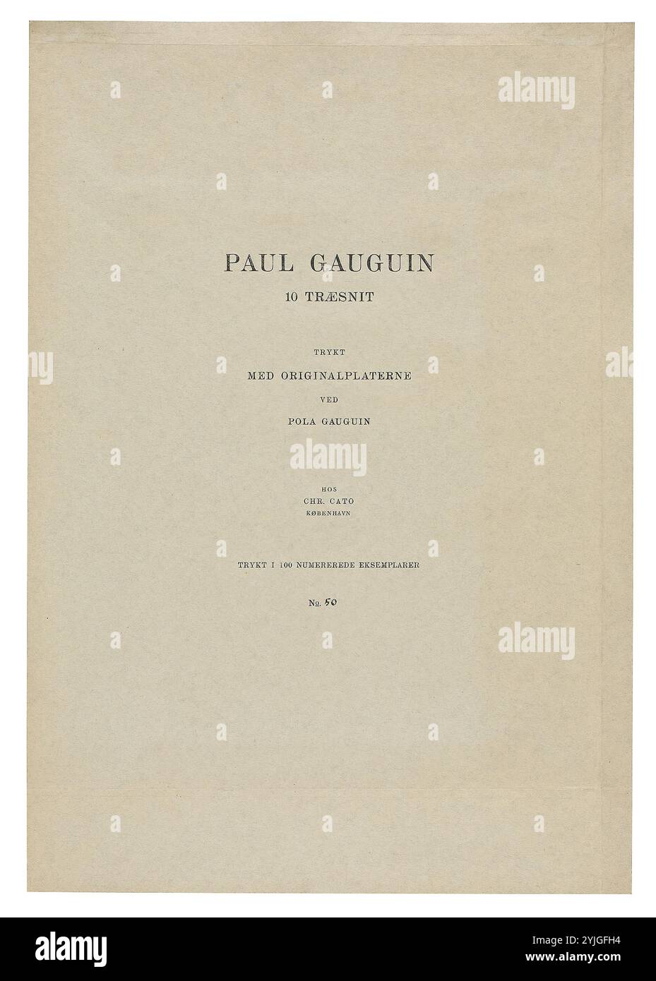 Pagina del titolo di Paul Gauguin: 10 Traesnit (portafoglio Pola Gauguin). Pola Gauguin (danese, nato in Francia, 1883-1961); pubblicato da Chr. Catone, Copenhagen. Data: 1921. Dimensioni: 446 x 345 mm. Carta intestata nera su carta pesante blu-verde. Origine: Danimarca. Museo: Chicago Art Institute, FLORENCIA, USA. Foto Stock