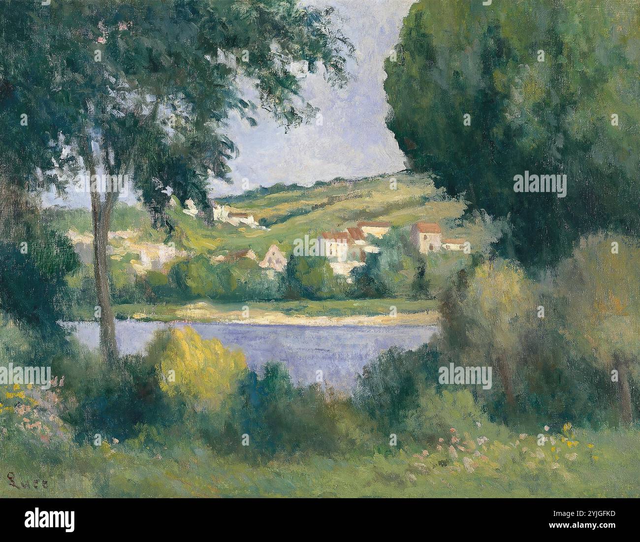 Da Maximilien Luce (París, 1858-1941). La periferia di Rolleboise visto attraverso gli alberi (ca. 1920 - 1930). Olio su tela. 50.2 x 65 cm. Museo: Museo Nacional Thyssen-Bornemisza, Madrid. Foto Stock