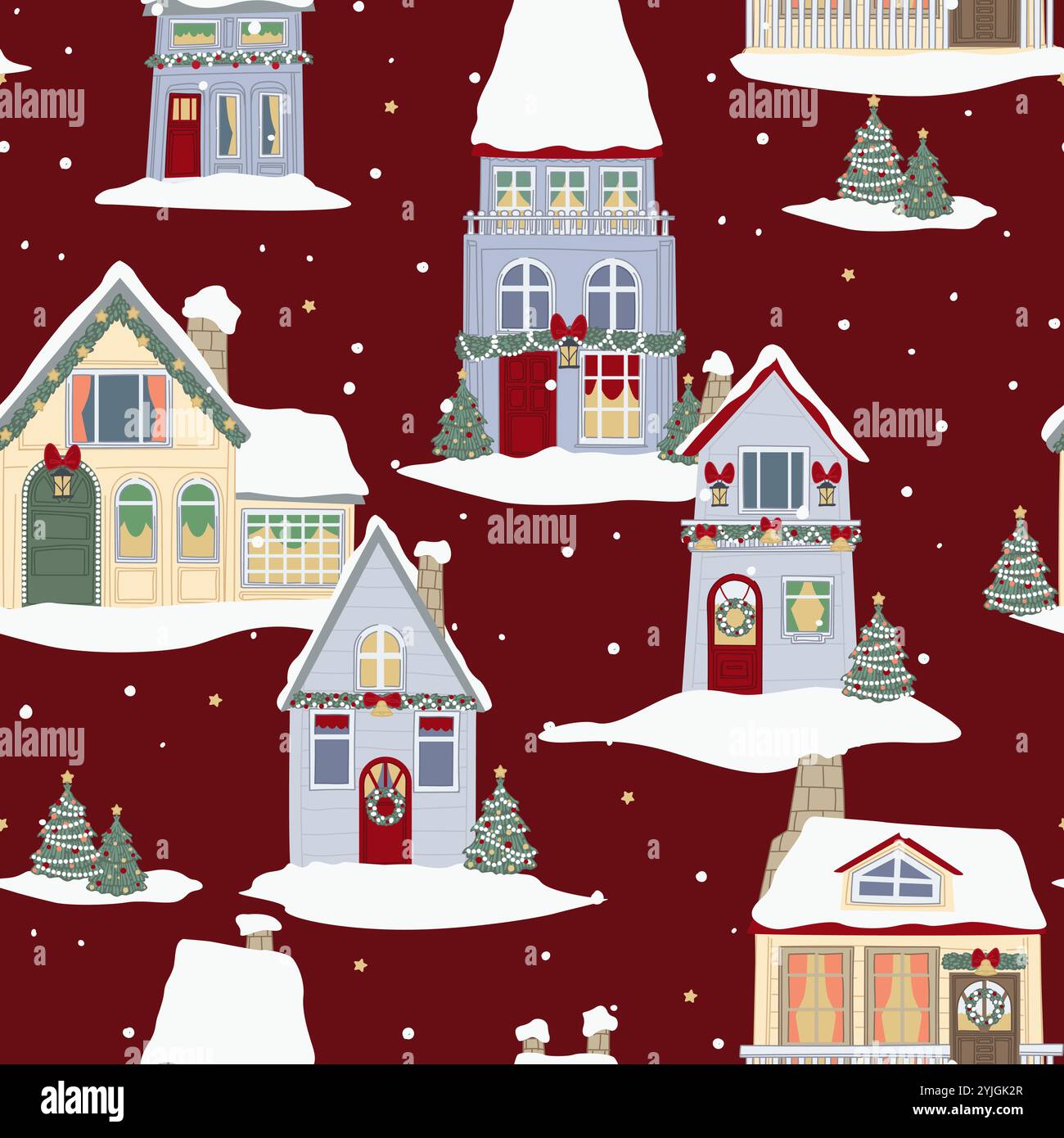 Sfondo rosso Christmas Village Pattern Illustrazione Vettoriale