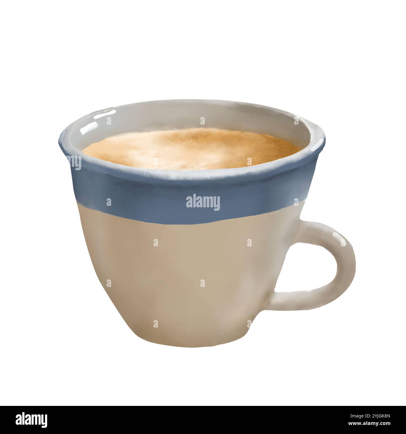Una tazza grande di caffè con latte. Una tazza in porcellana bianca con bordo blu. Illustrazione in acquerello in digitale. Cappuccino caldo in una tazza ciabattita, iso Foto Stock