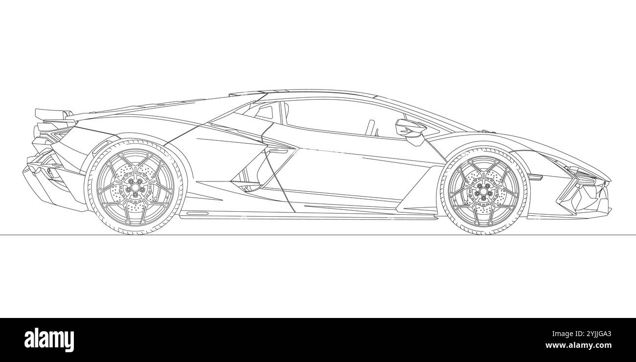 Italia, anno 2023, Lamborghini Revuelto, disegno sagoma delineata, illustrazione su sfondo bianco Foto Stock