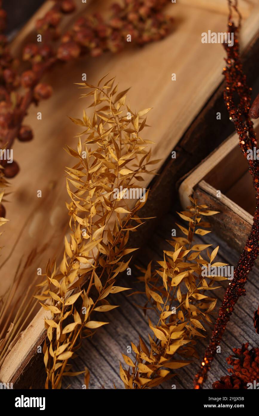 Decorazioni natalizie a tema autunnale che fondono tonalità calde, fogliame autunnale, zucche e accenti rustici natalizi. Foto Stock