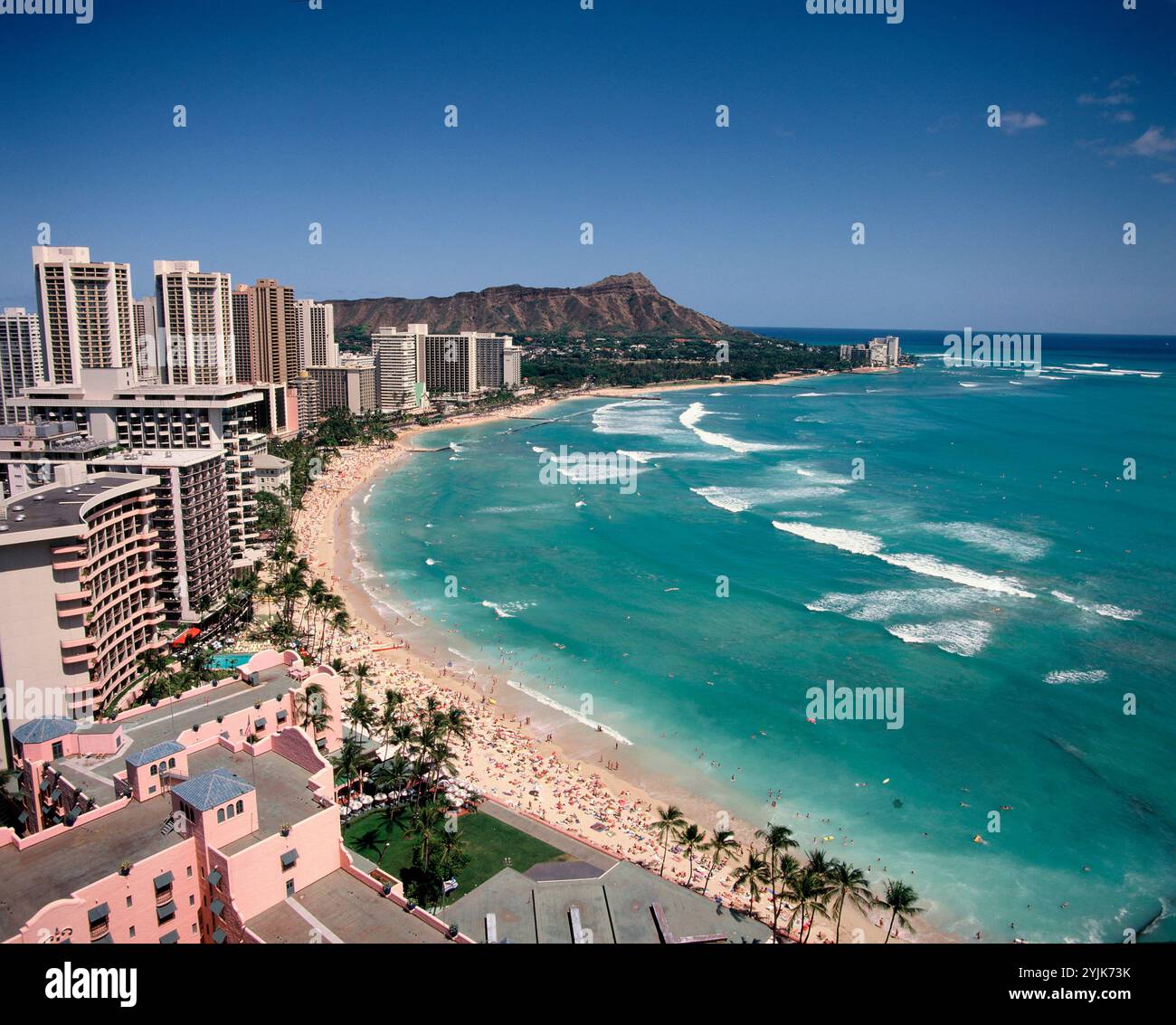 STATI UNITI. Hawaii. Waikiki. Vista alta della baia. Foto Stock