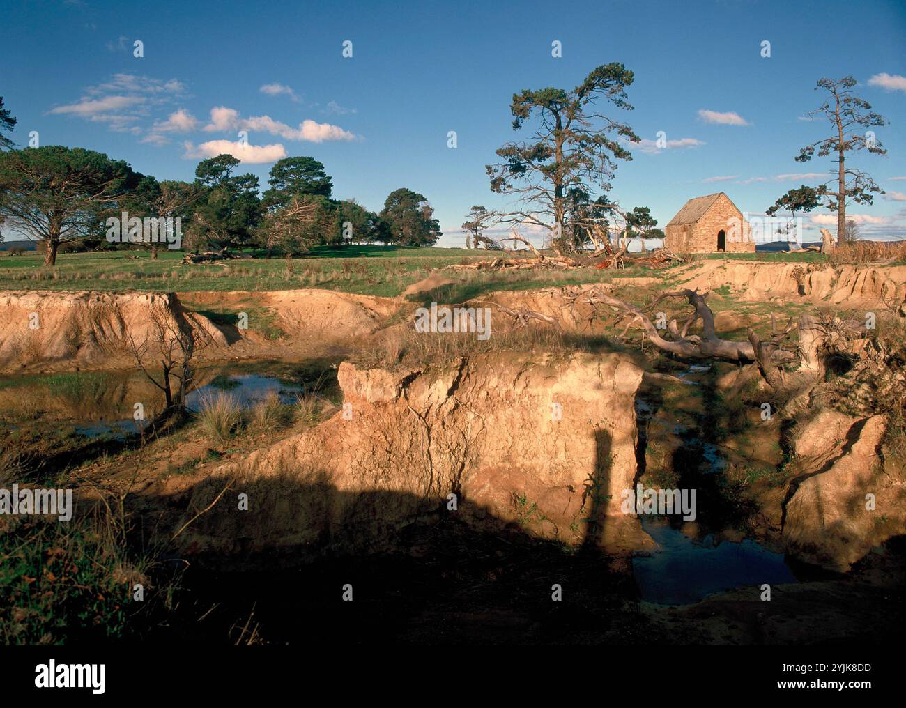 Australia. Nuovo Galles del Sud. Regione di Goulburn. Paesaggio con un vecchio fienile in pietra. Foto Stock