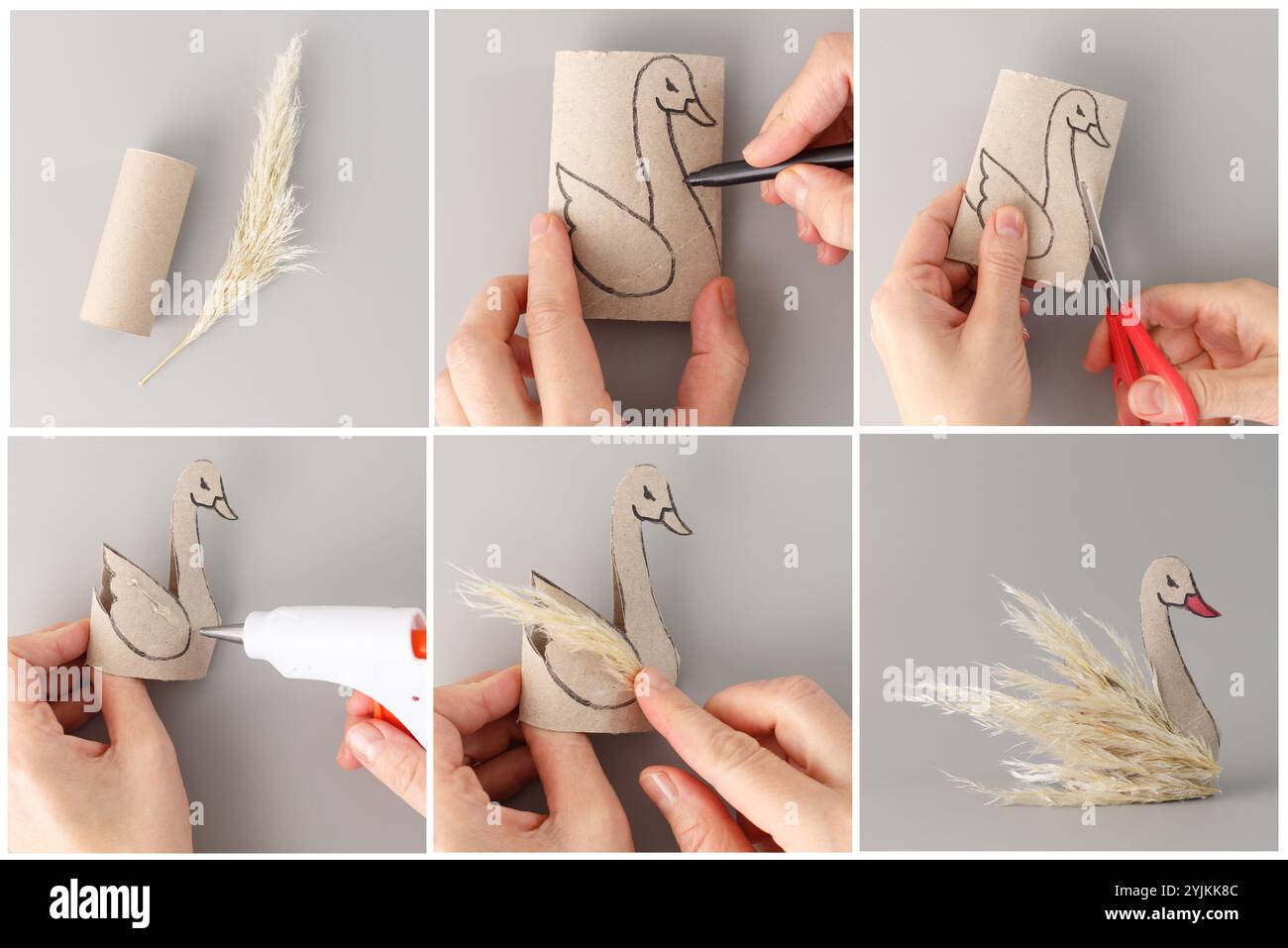 Collage didattico passo-passo di artigianato del cigno fai da te con tubo di cartone e pampas erba, forbici e colla a caldo su sfondo grigio, ideale per l'artigianato B. Foto Stock