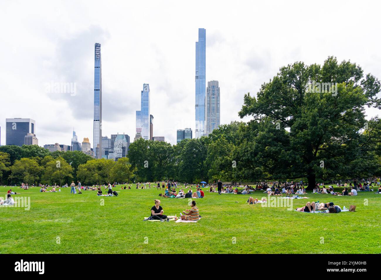 Persone sedute sull'erba al Central Park di New York, New York, USA Foto Stock