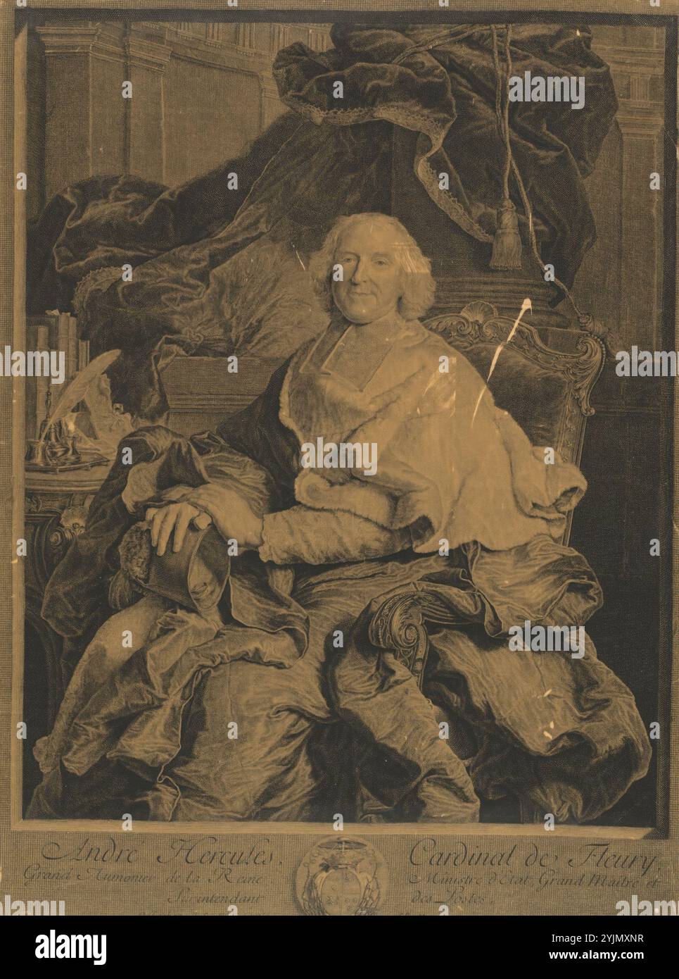 Hyacinthe Rigaud, francese, 1659 - 1743, André Hercules, Cardinal de Fleury, 1730, incisione su seta dorata, piatto: 51 x 38 cm (20 1, 16 x 14 15, 16 pollici), foglio: 58 x 43,3 cm (22 13, 16 x 17 1, 16 pollici) (Irregolare), Firmin-Didot 1876, n.. 48, Stato III, III, Pierre Drevet, francese, 1663 - 1738 Foto Stock