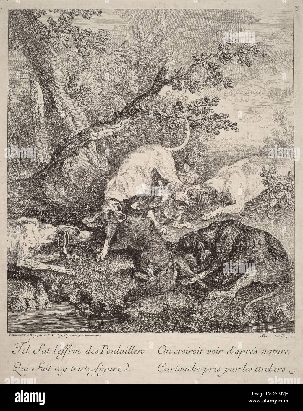 A Fox Attack by Dogs, 1725, Hunting Scenes with Dogs, piatto 3, incisione su carta posata, piatto: 37,5 x 29,4 cm (14 3/4 x 11 9/16 poll.), foglio: 38,2 x 30,2 cm (15 1/16 x 11 7/8 poll.), Robert-Dumesnil 1967, n.. 3, State iv/iv, Jean-Baptiste Oudry (artista) French, 1686 - 1755, Gabriel Huquier (editore) French, 1695 - 1772 Foto Stock