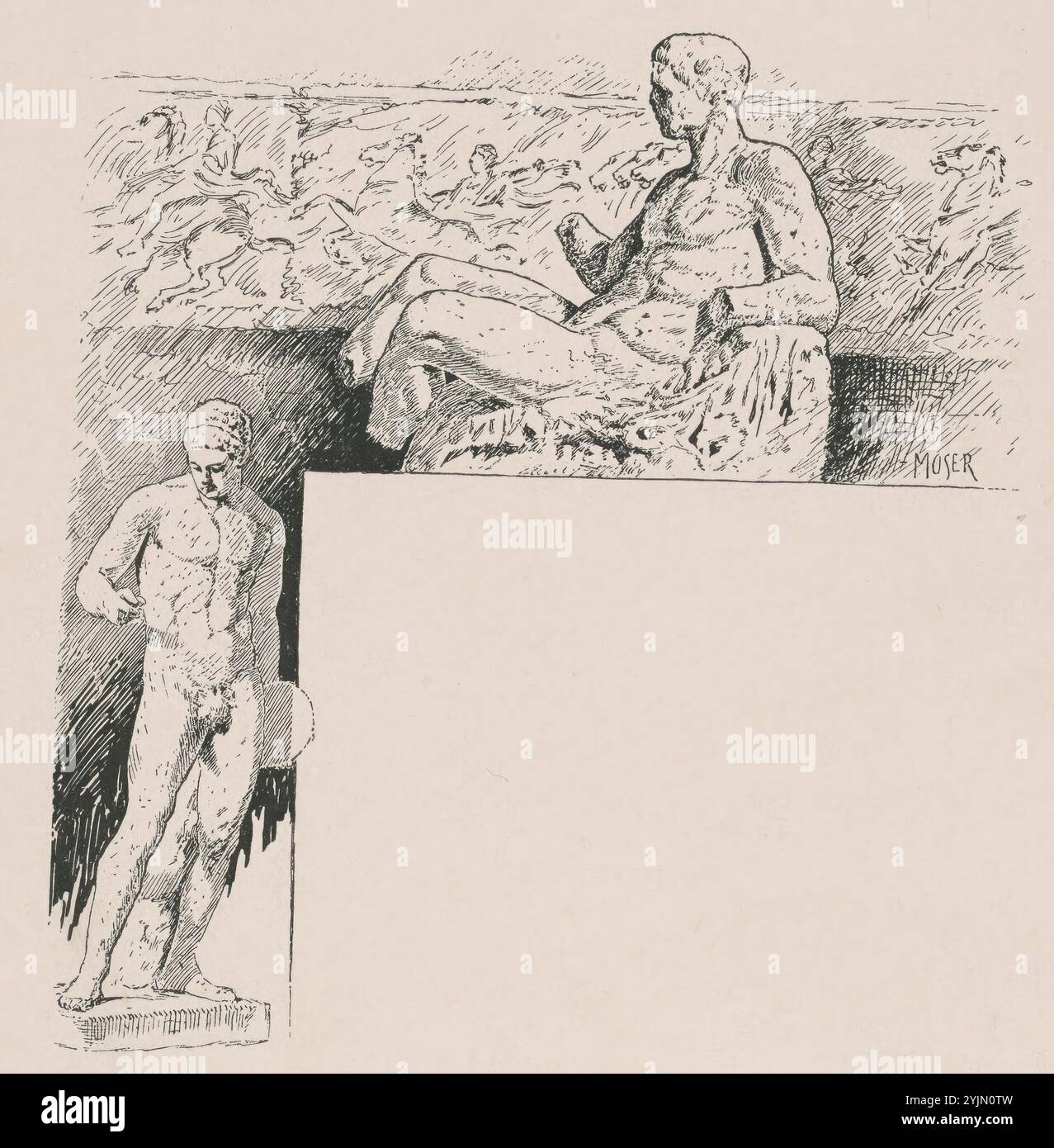 James Henry Moser, American, Born Canada, 1854 - 1913, calchi da Antique Sculpture: The Parthenon, 1892, 1892 Corcoran Gallery of Art Catalogue, litografia offset in nero su carta tessuta, immagine (irregolare): 11,43 x 10,48 cm (4 1, 2 x 4 1, 8 pollici), foglio: 24,13 x 15,24 cm (9 1, 2 x 6 pollici Foto Stock