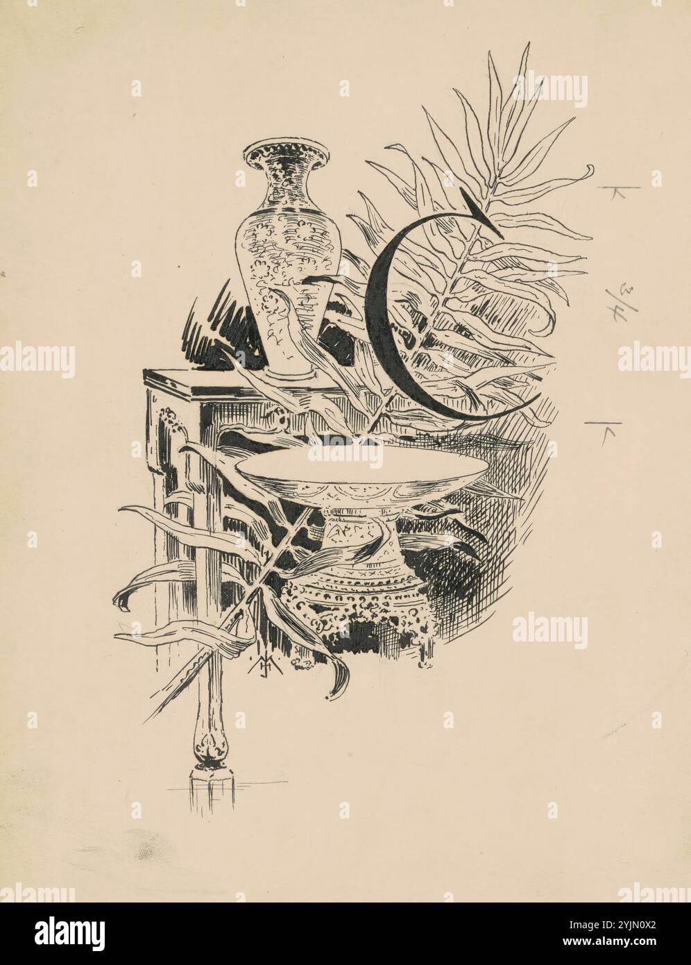 James Henry Moser, americano, Born Canada, 1854 - 1913, cloisonné, 1890-1891, 1892 Catalogo Corcoran Gallery of Art, penna e inchiostro nero su grafite su cartone, immagine (irregolare): 15,24 x 9,53 cm (6 x 3 3, 4 pollici), scheda: 20,96 x 16,19 cm (8 1, 4 x 6 3, 8 pollici) Foto Stock
