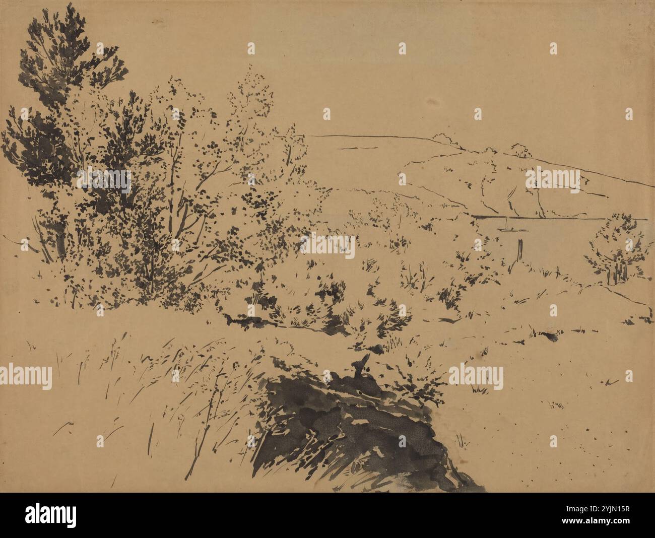 Félix Bracquemond, francese, 1833 - 1914, Coastal Landscape, pennello e inchiostro nero con lavaggio blu (sbiadito) su carta marrone tessuta, totale: 23,8 x 31,6 cm (9 3, 8 x 12 7, 16 pollici Foto Stock