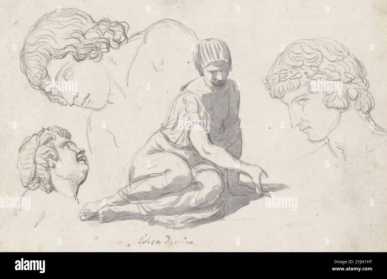 Jacques-Louis David, francese, 1748 - 1825, dice-Thrower and Other Studies After Ancient Sculptures, 1775, 80, gesso nero e lavaggio grigio su carta posata, totale: 15,2 x 21,1 cm (6 x 8 5, 16 pollici Foto Stock