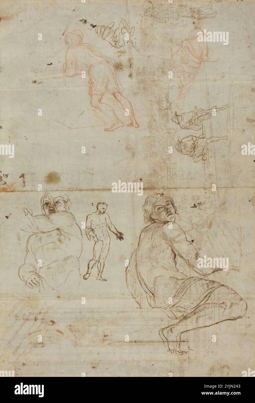 Annibale Carracci, bolognese, 1560 - 1609, figure dal Palazzo Farnese e dalla vita, c. 1710, penna e inchiostro marrone e gesso rosso con tracce di grafite su carta posata, totale: 25,9 x 38,4 cm (10 3, 16 x 15 1, 8 poll.), Briganti 1996, n. 154, Gaspar van Wittel, olandese, 1652, 1653 - 1736 Foto Stock