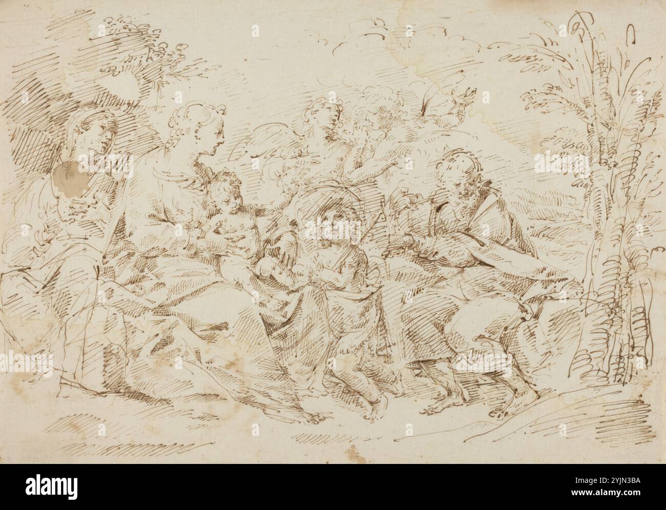 Donato Creti, Bolognese, 1671 - 1749, Sacra famiglia con Santa Elisabetta, San Giovanni Battista e due Angeli in un paesaggio, penna e inchiostro marrone con tocchi di lavaggio marrone su carta posata, totale (circa): 21,1 x 29,6 cm (8 5, 16 x 11 5, 8 pollici Foto Stock