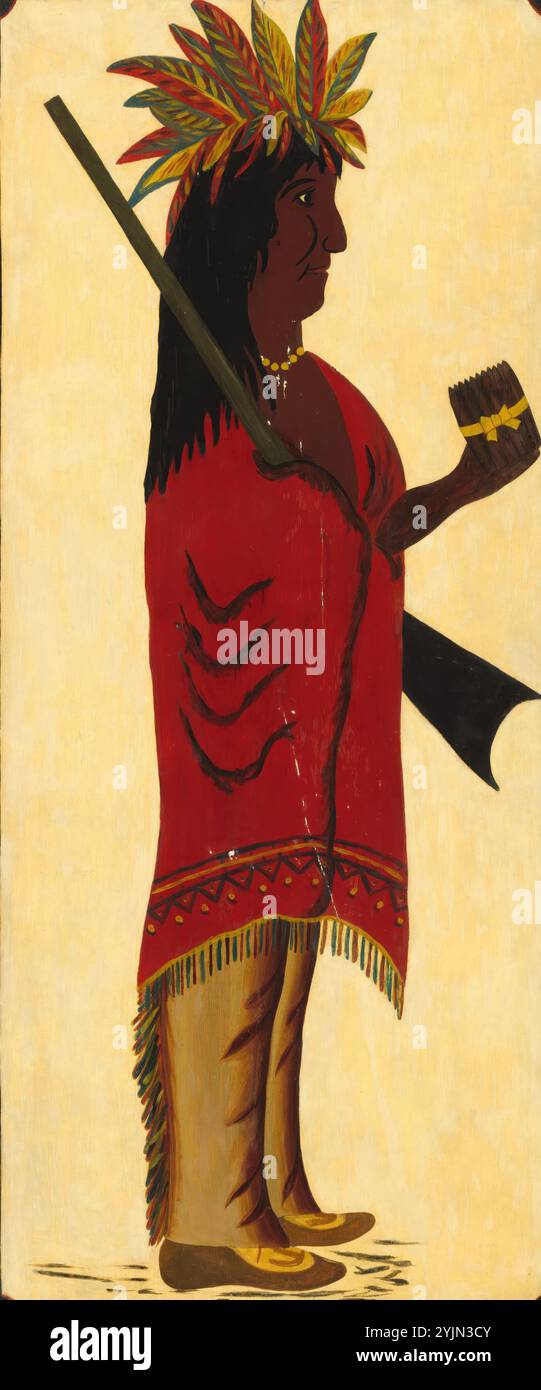 American 19th Century, Indian Tobacco Shop Sign [reverse, Indian facing right], seconda metà Ottocento, olio su legno, totale: 136,4 x 57,8 cm (53 11, 16 x 22 3, 4 poll Foto Stock