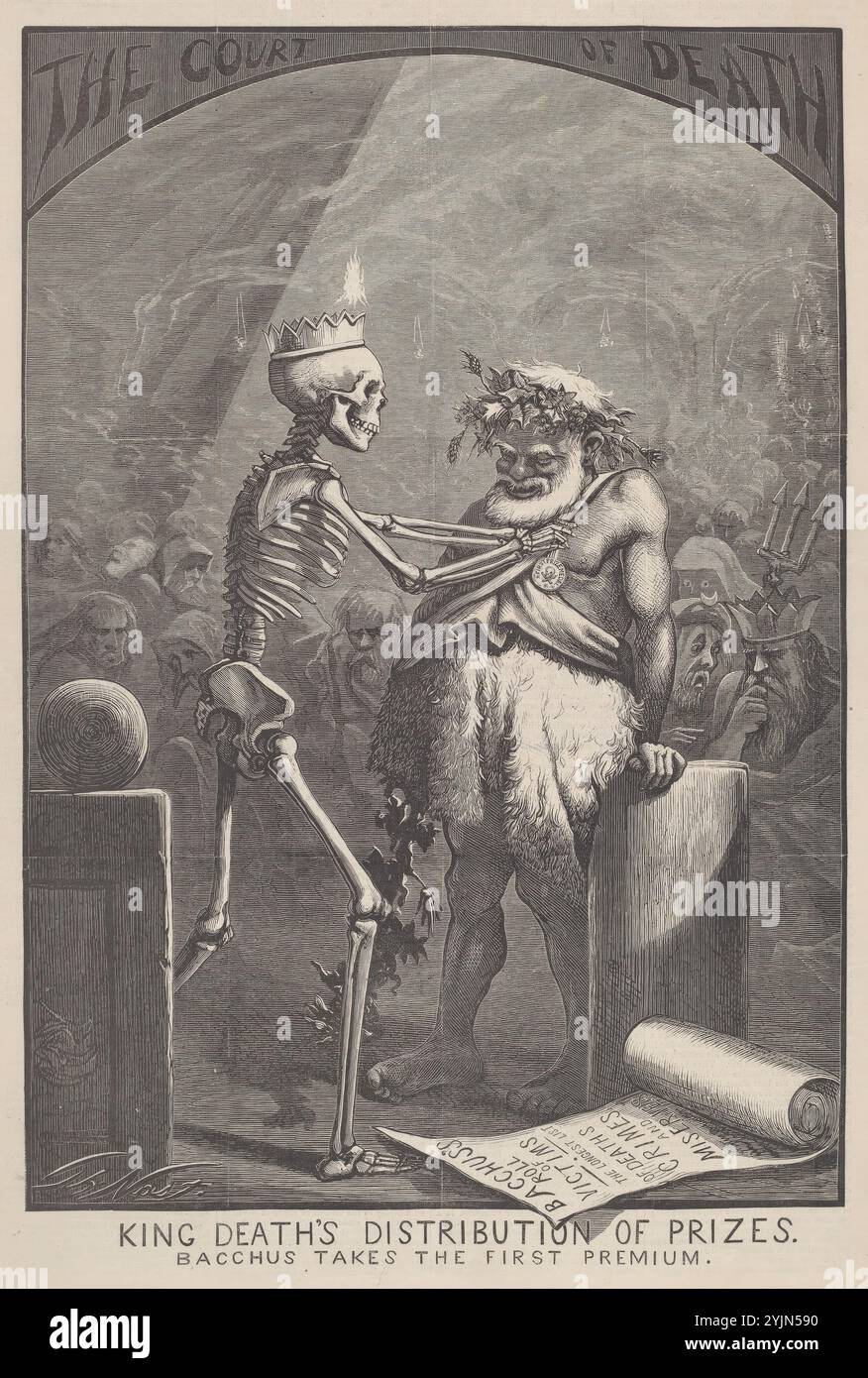 Thomas Nast, American, Born Germany, 1840 - 1902, King Death's Distribution of Prizes. Bacchus prende il primo Premium., 1870, incisione in legno in nero su carta da giornale, foglio: 40,01 x 28,26 cm (15 3, 4 x 11 1, 8 pollici Foto Stock