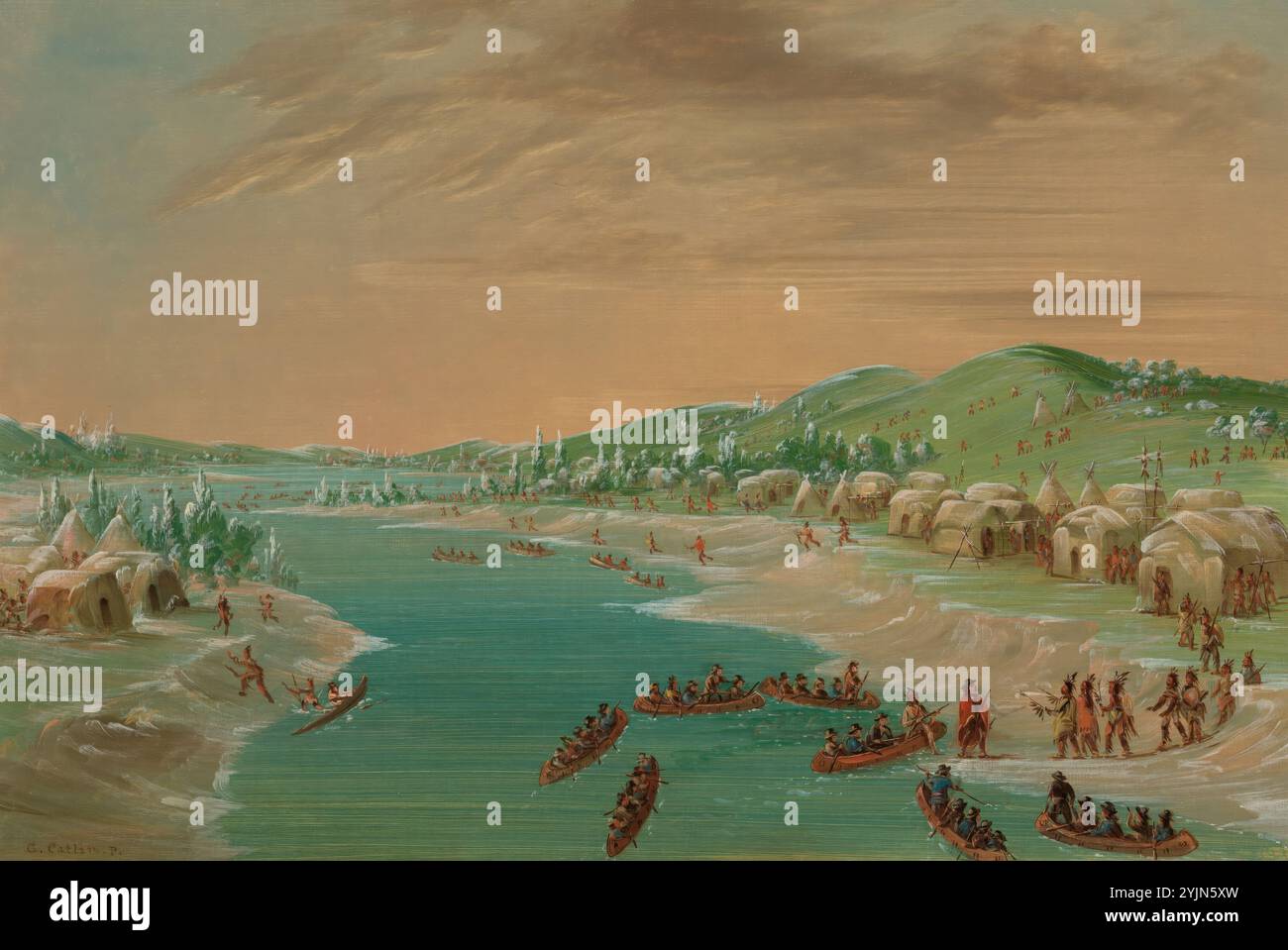 George Catlin American, 1796 - 1872, la Salle e Party arrivano al Villaggio dell'Illinois. 1° gennaio 1680, 1847, 1848, olio su tela, totale: 37,8 x 56,2 cm (14 7, 8 x 22 1, 8" Foto Stock